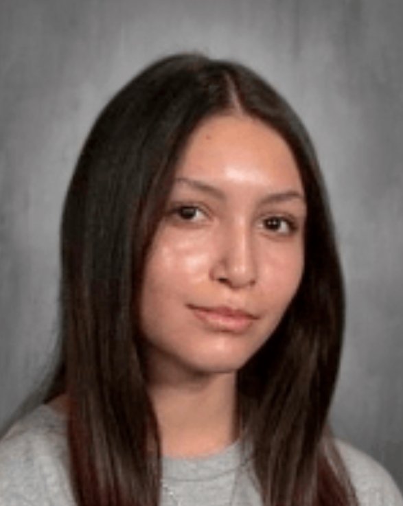 A student with long brown hair wearing a gray top, looking at the camera against a plain gray background.