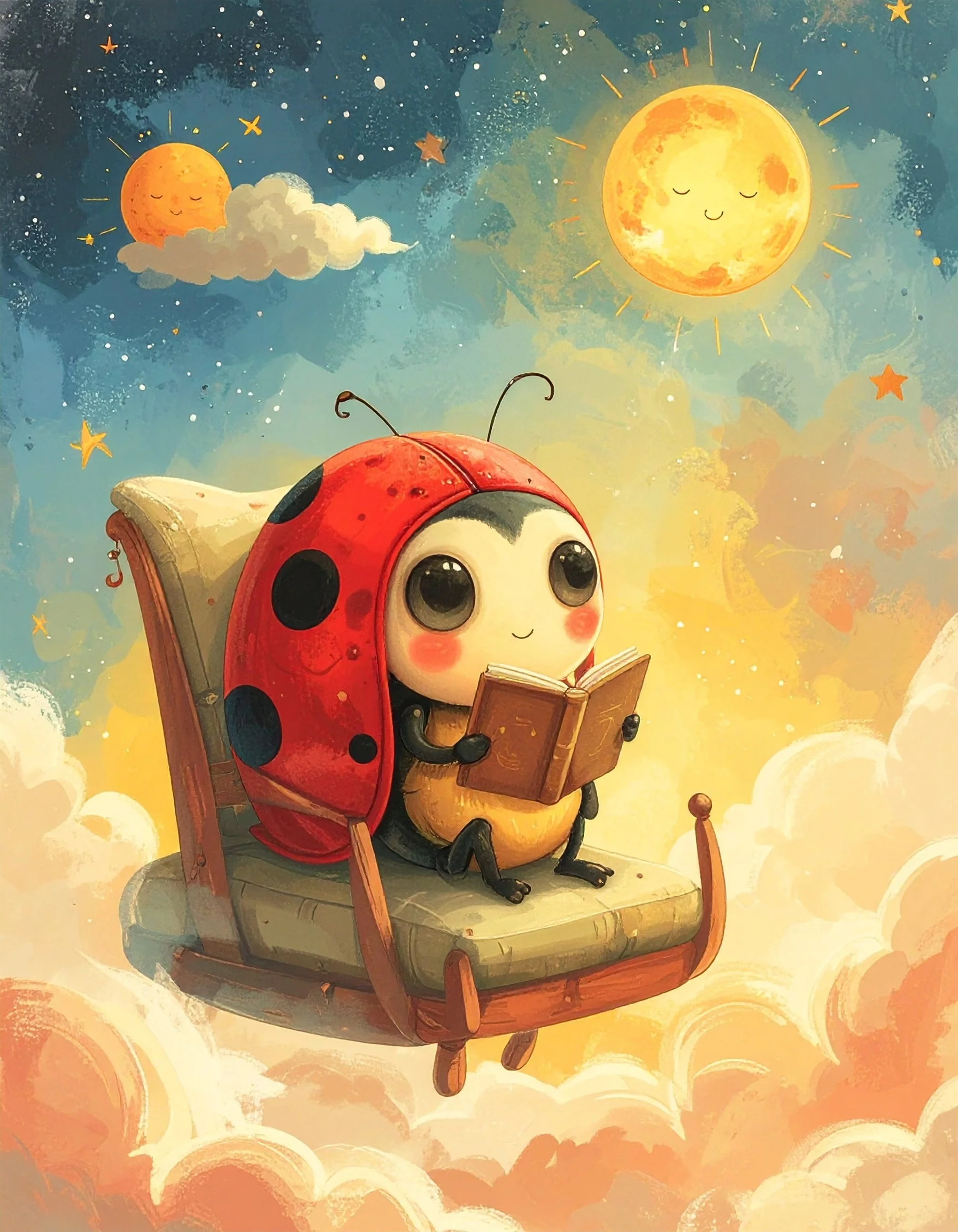 a ladbybug sits on a chair floating in clouds reading a book