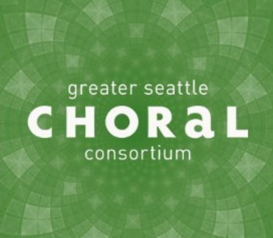 Green mosaic background with white text that says "greater seattle CHORAL consortium"