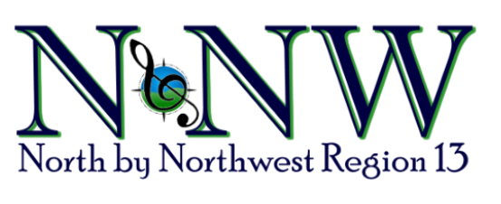 Logo for North by Northwest Region 13 with stylized text and a decorative letter 'N' featuring a compass and musical note design.
