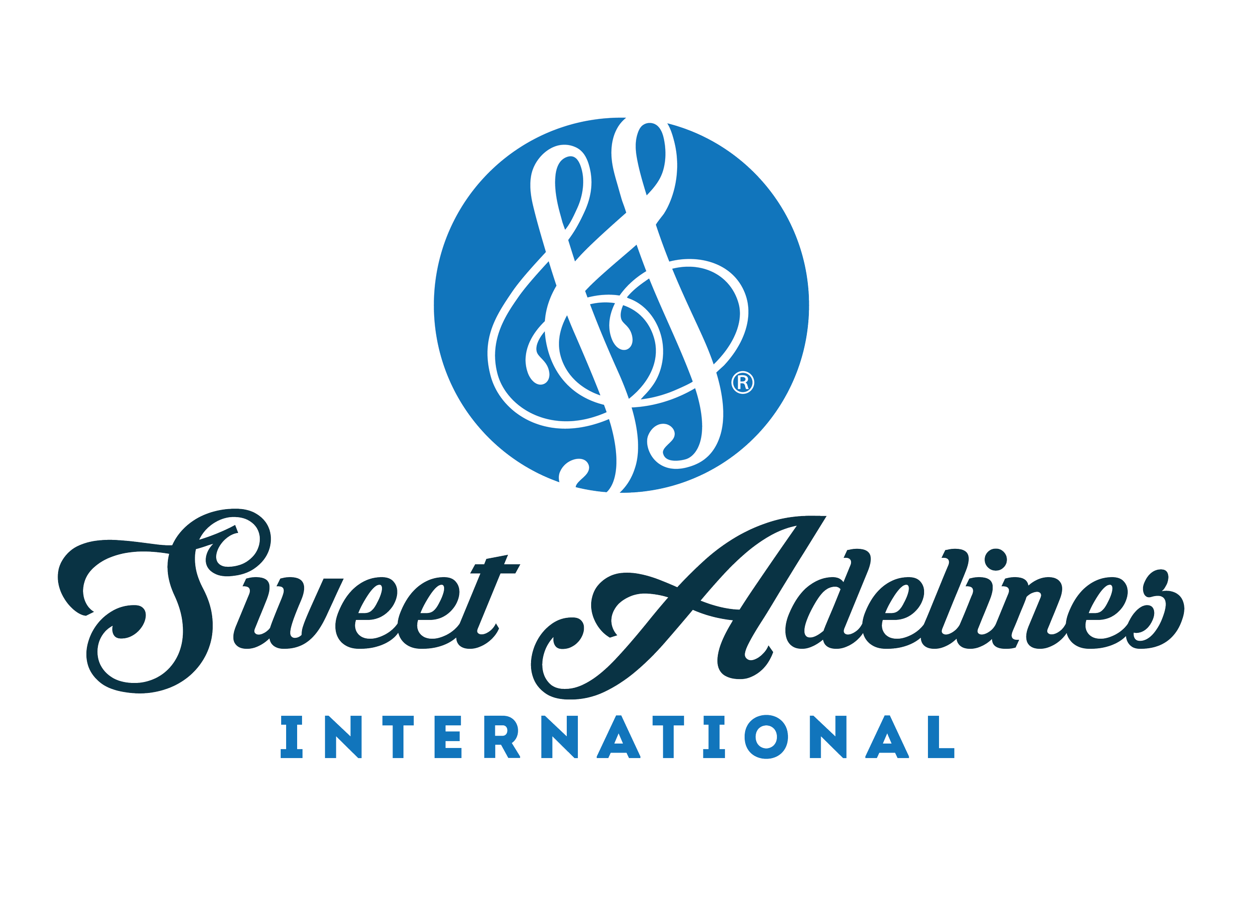 Logo of Sweet Adelines International featuring a blue circle with white stylized treble clef and the text 'Sweet Adelines International' in elegant script.