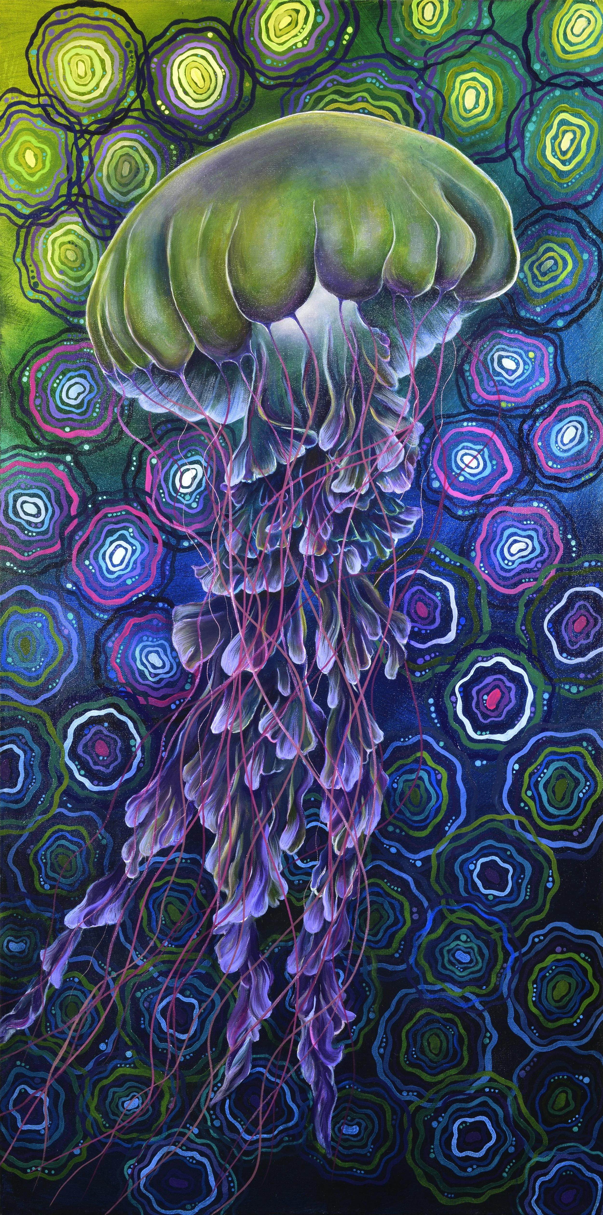 Colorful painting of a jellyfish with long, flowing tentacles, set against a vibrant background of abstract concentric patterns in green, blue, purple, and pink.