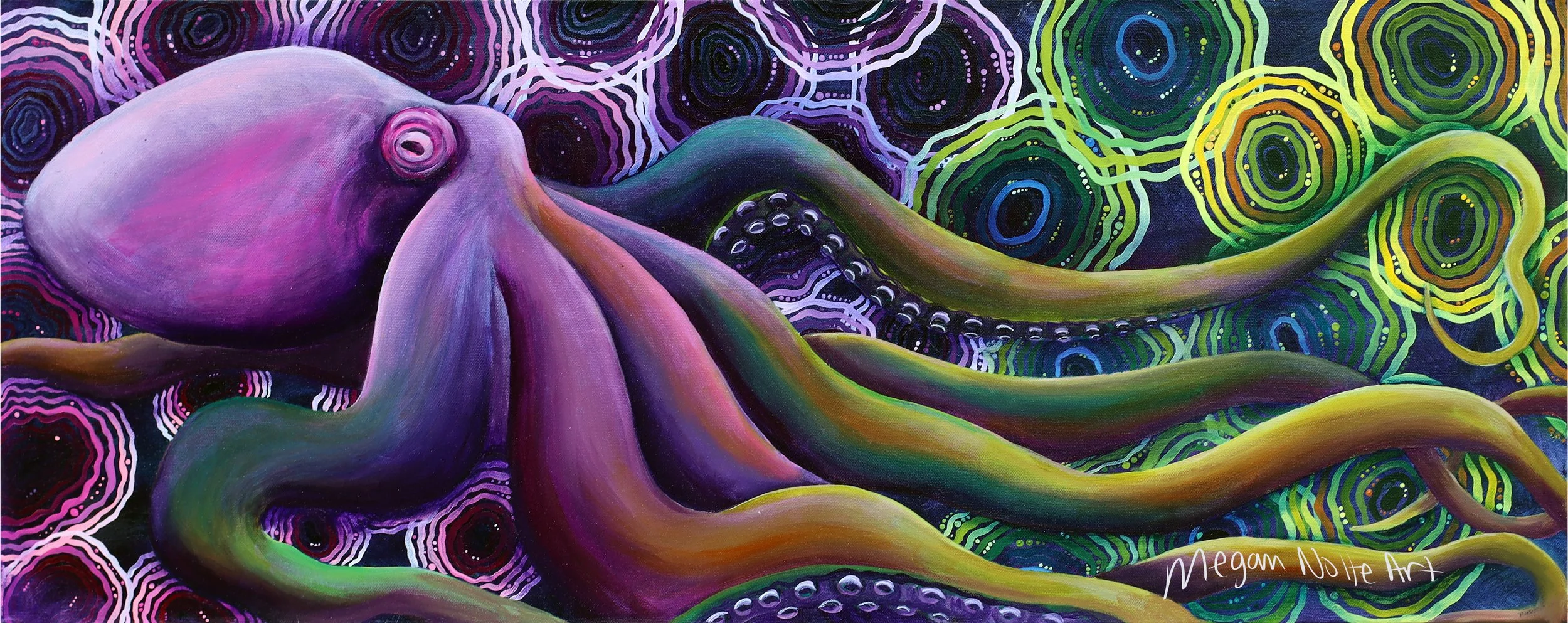 Colorful painting of an octopus with swirling patterns in the background.