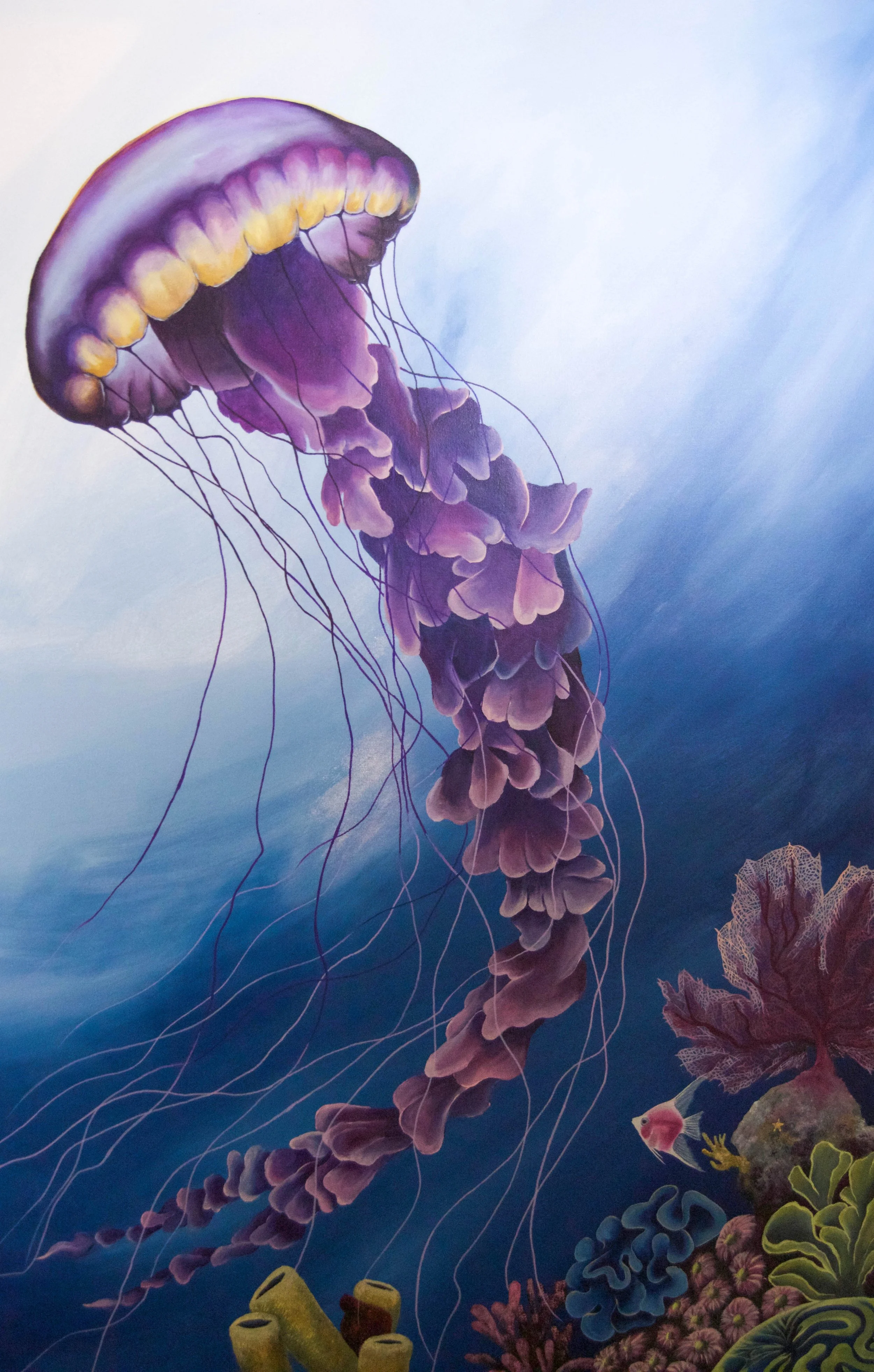 Detailed underwater scene featuring a large purple jellyfish with long tentacles, colorful coral, sea anemones, and a small fish swimming near the coral reef.