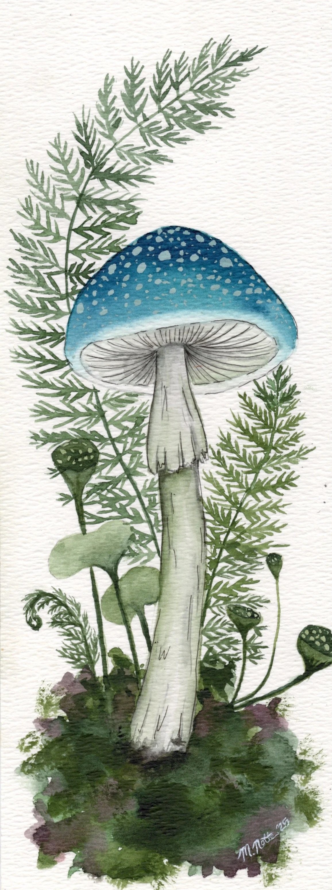 Watercolor painting of a blue mushroom with white spots surrounded by green fern leaves and other small plants in a natural setting.