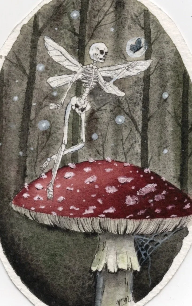 A skeleton with dragonfly wings standing on a red mushroom in a dark forest, holding a glowing orb with a butterfly inside.