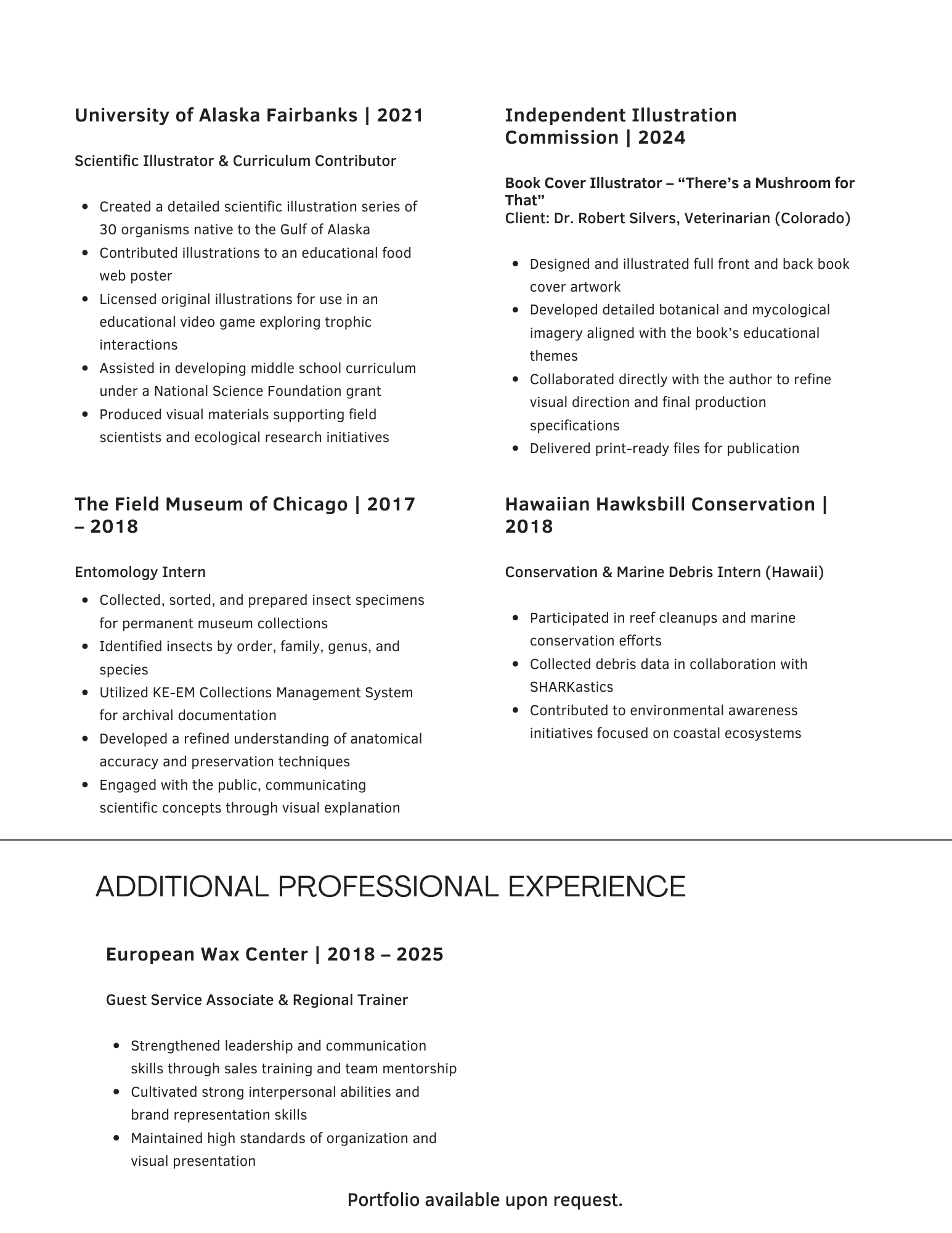 Page from a resume or CV listing various professional experiences in scientific illustration, museum internships, conservation work, and a professional role at European Wax Center, with detailed bullet points for each position.