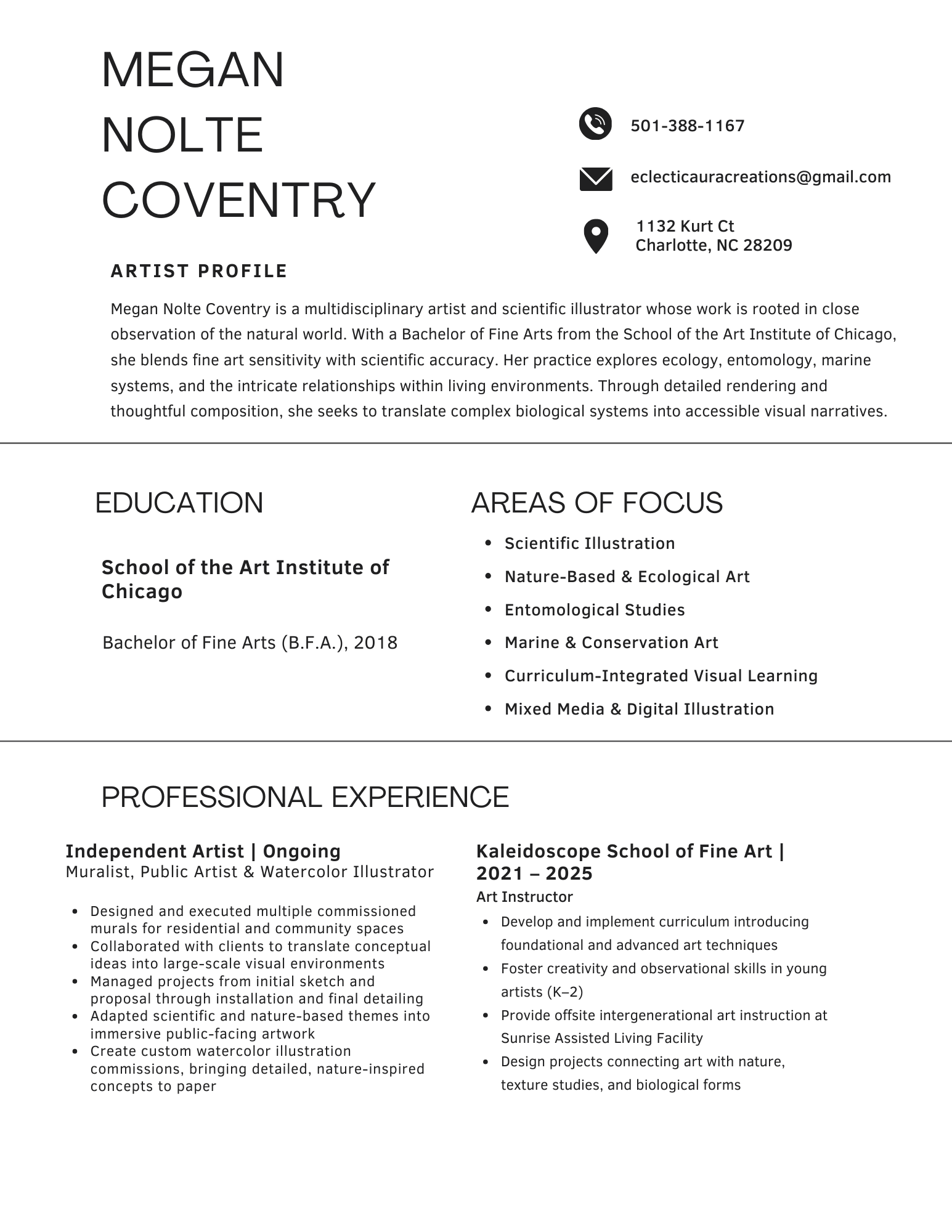 A professional resume for Megan Nolte Coventry with her contact information, artist profile, education, areas of focus, and professional experience.