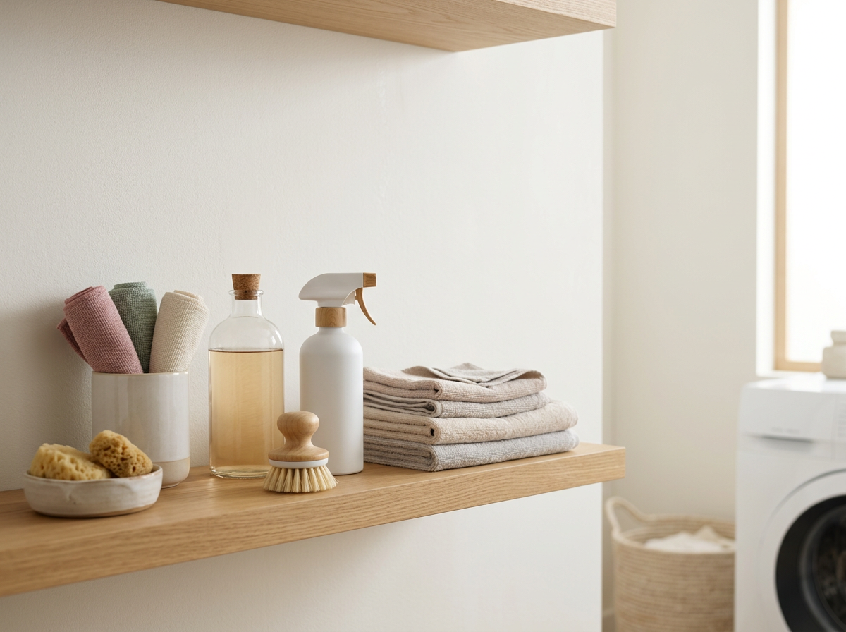 A wooden shelf with folded towels, a brush, glass spray bottle, and small bowl with sponges in a laundry or cleaning area.