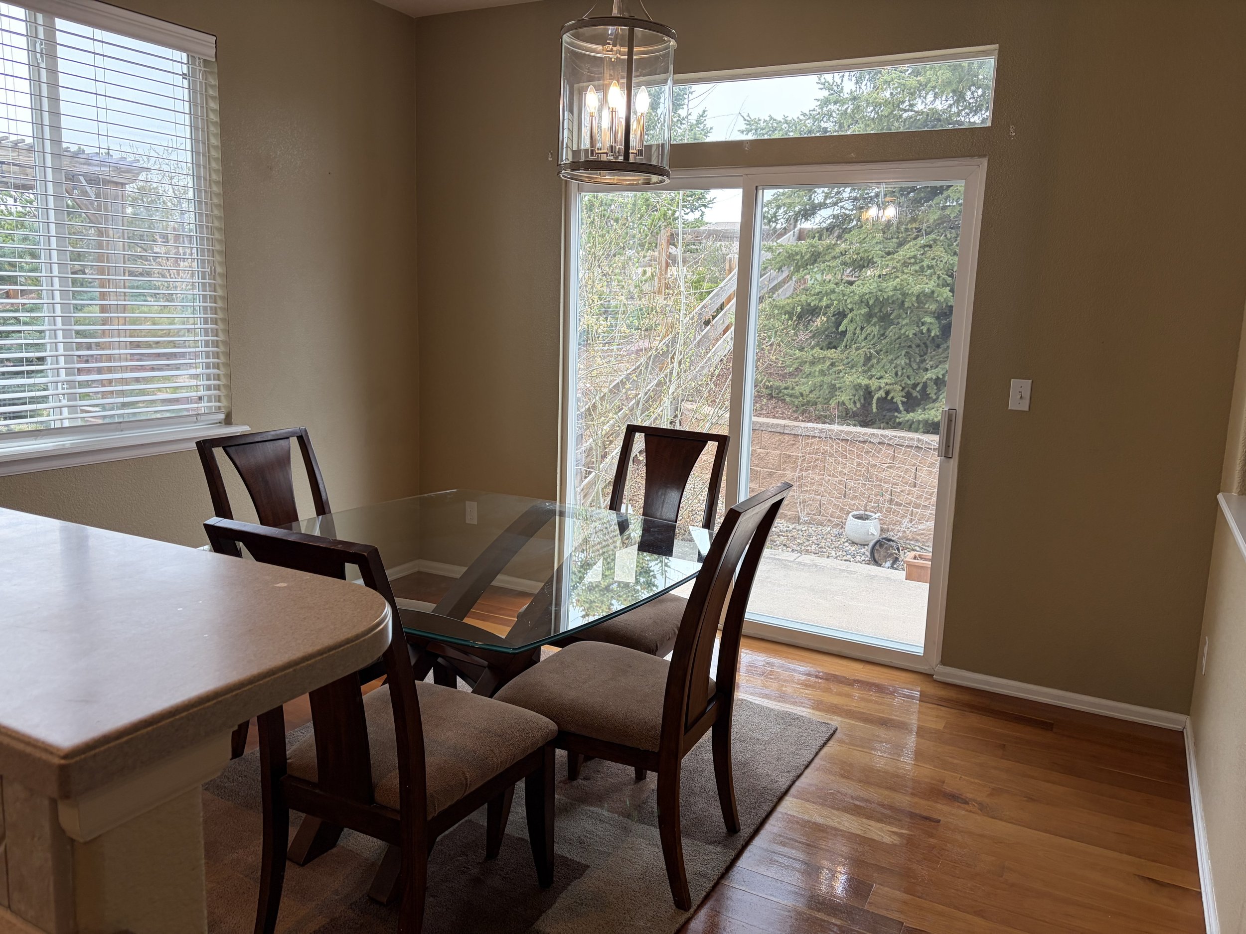 A dining area with a glass-top table, four wooden chairs, a window with horizontal blinds, a sliding glass door leading to an outdoor patio, and a modern ceiling light fixture, with a view of trees outside.