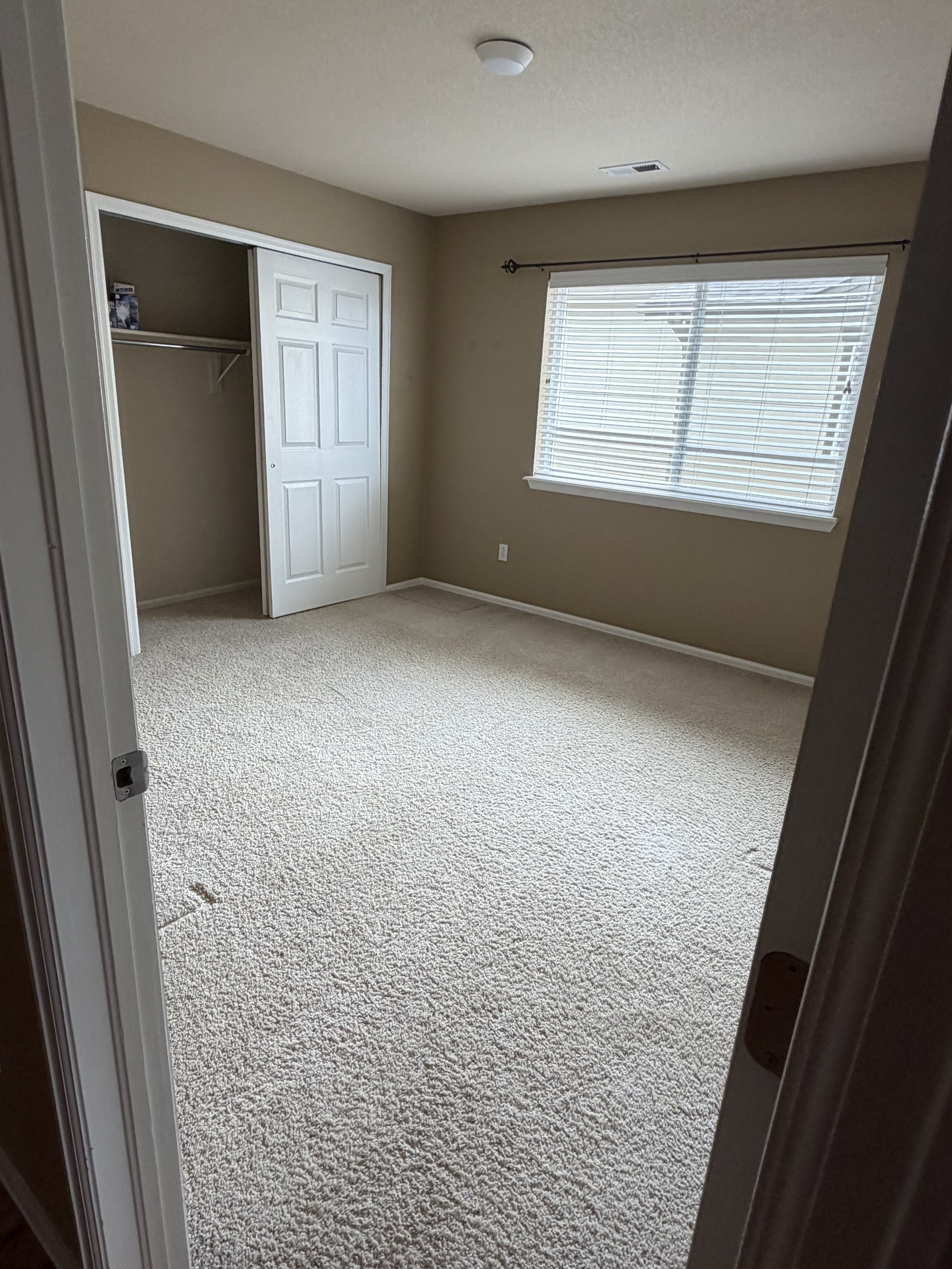 Empty bedroom with beige walls, a large window with blinds, an open closet with a white door, and a carpeted floor.