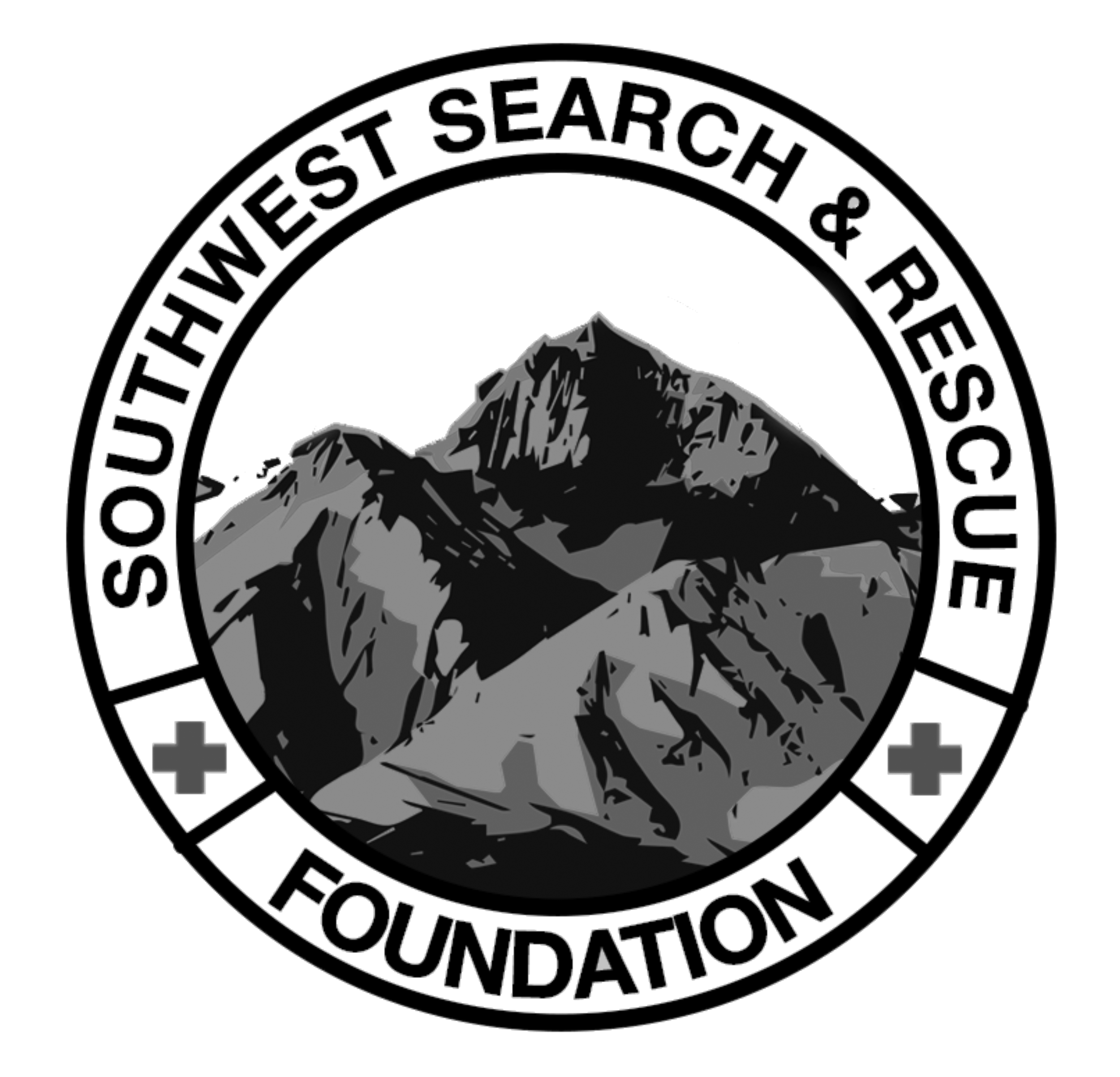 Black and white logo of the SouthWest Search & Rescue Foundation featuring mountain peaks and a circular border with the organization's name and medical crosses.