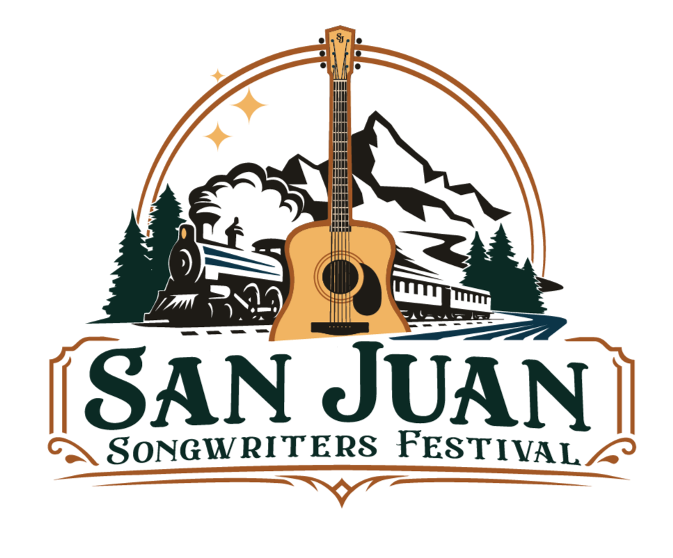 Logo for San Juan Songwriter Festival featuring an acoustic guitar, forest background, and stylized text.