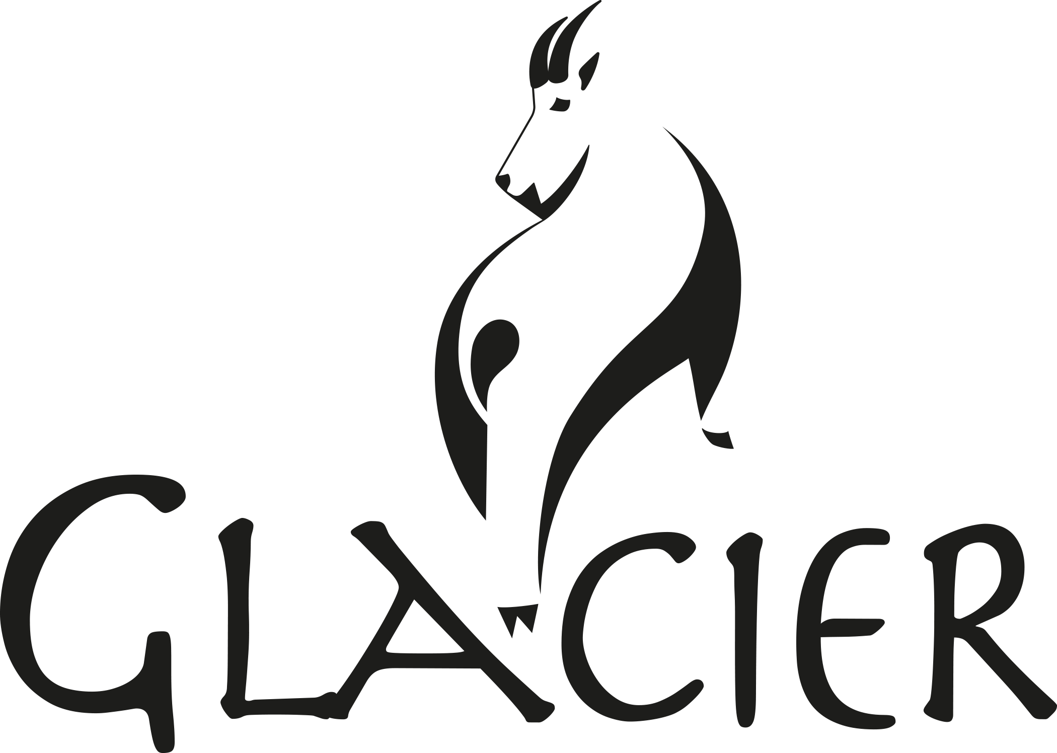 A black silhouette of a stylized dog sitting behind the word "GLACIER" written in bold, curly letters.