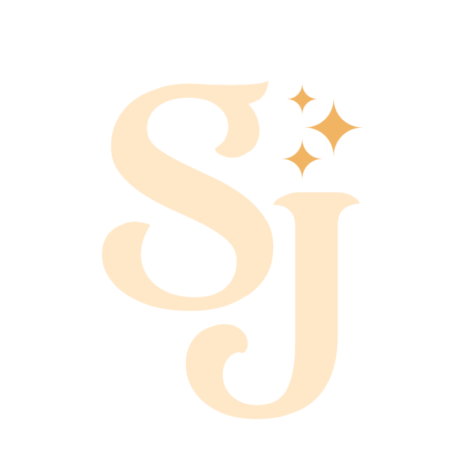 Stylized initials S and J with three sparkling stars on a black background.