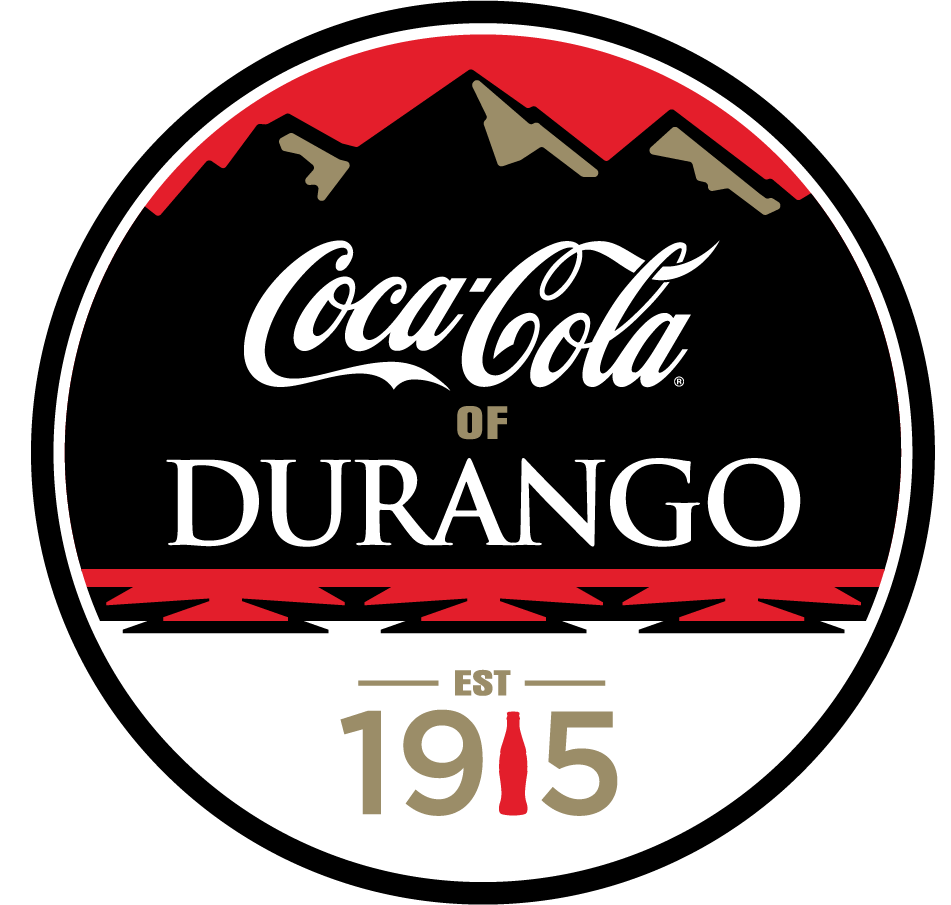 Logo for Coca-Cola of Durango, established in 1915, featuring mountains and a red wave design.