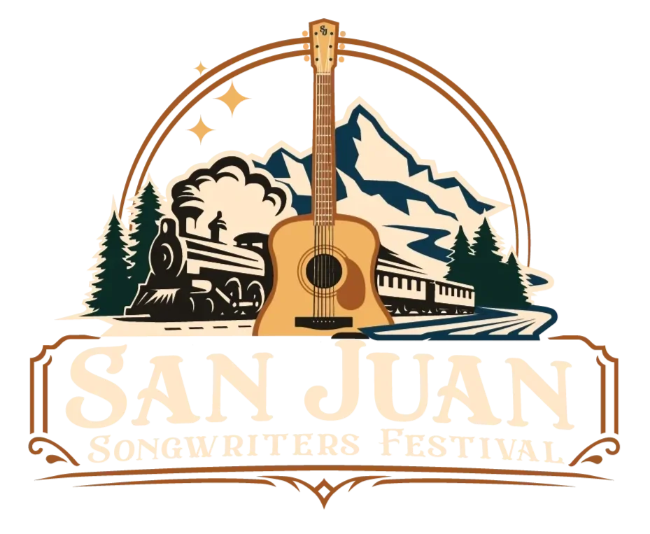 Logo for the San Junn Bonfire & Festival featuring a mountain landscape, pine trees, a steam locomotive, a train, and an acoustic guitar at the center.