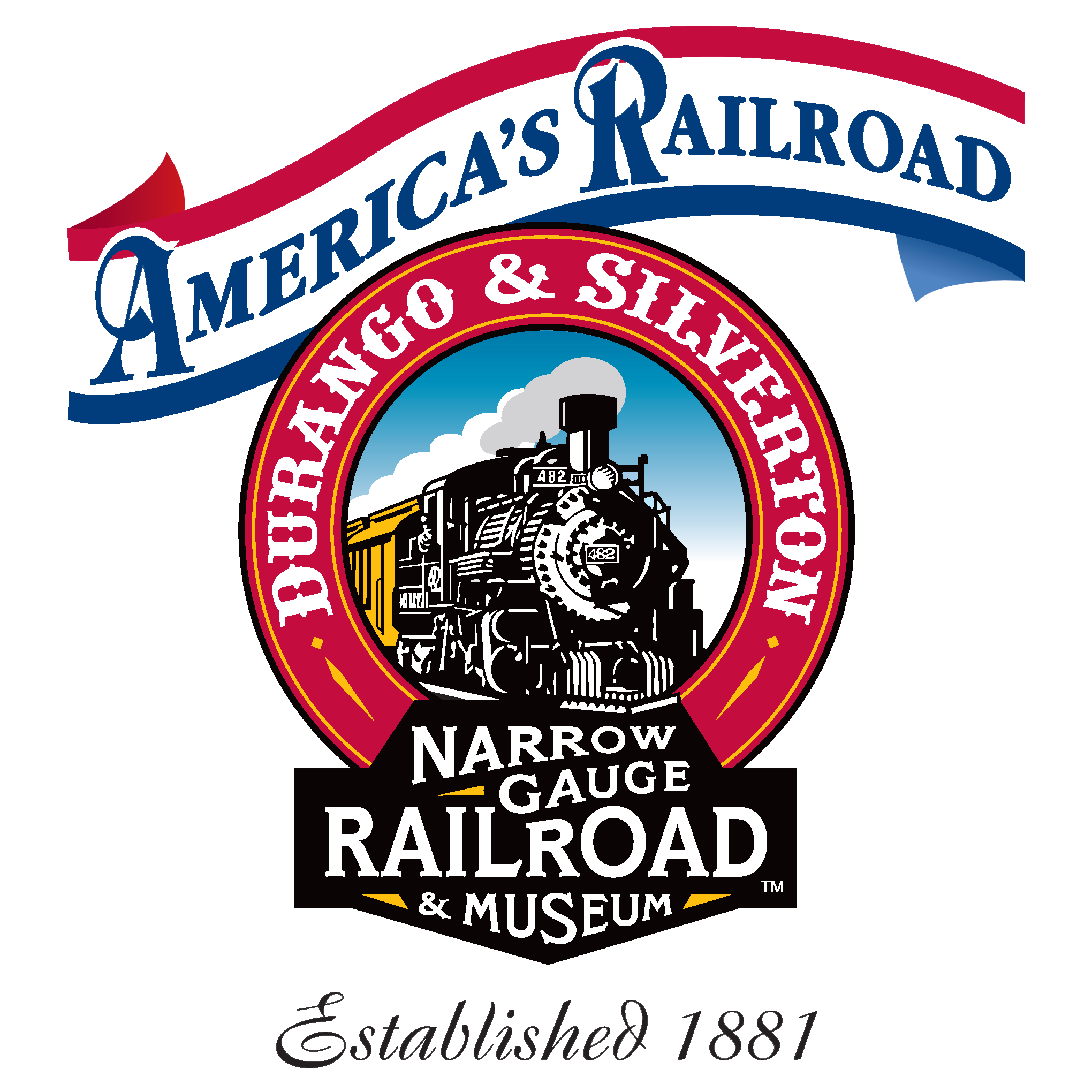 Logo for the Narrow Gauge Railroad & Museum featuring a black and white steam locomotive train with the number 482, surrounded by red, blue, and black text that reads 'America's Railroad' and 'North American Shortline Railroad & Museum', with a black background.