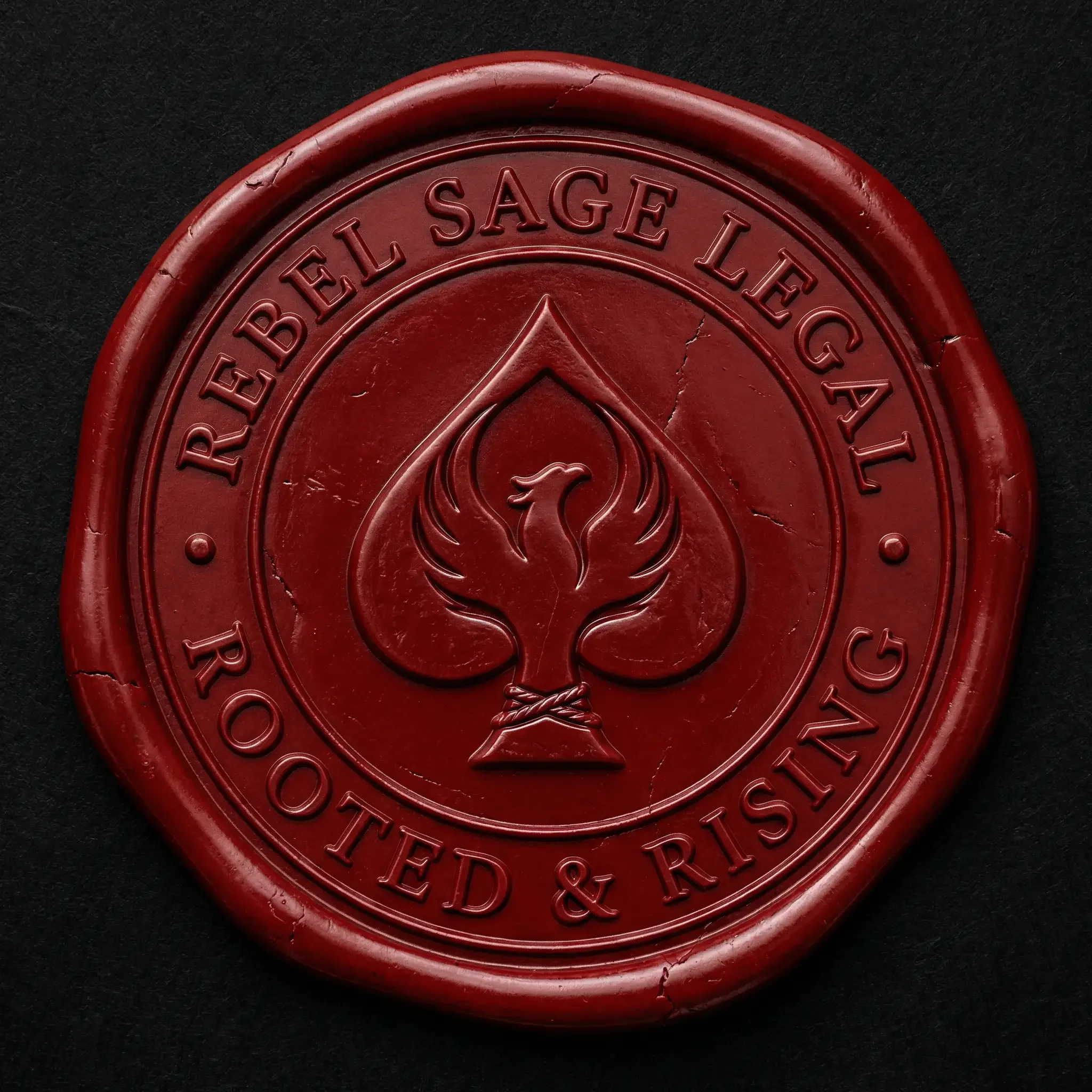 Close-up of a red wax seal with embossed letters and design on a black background.