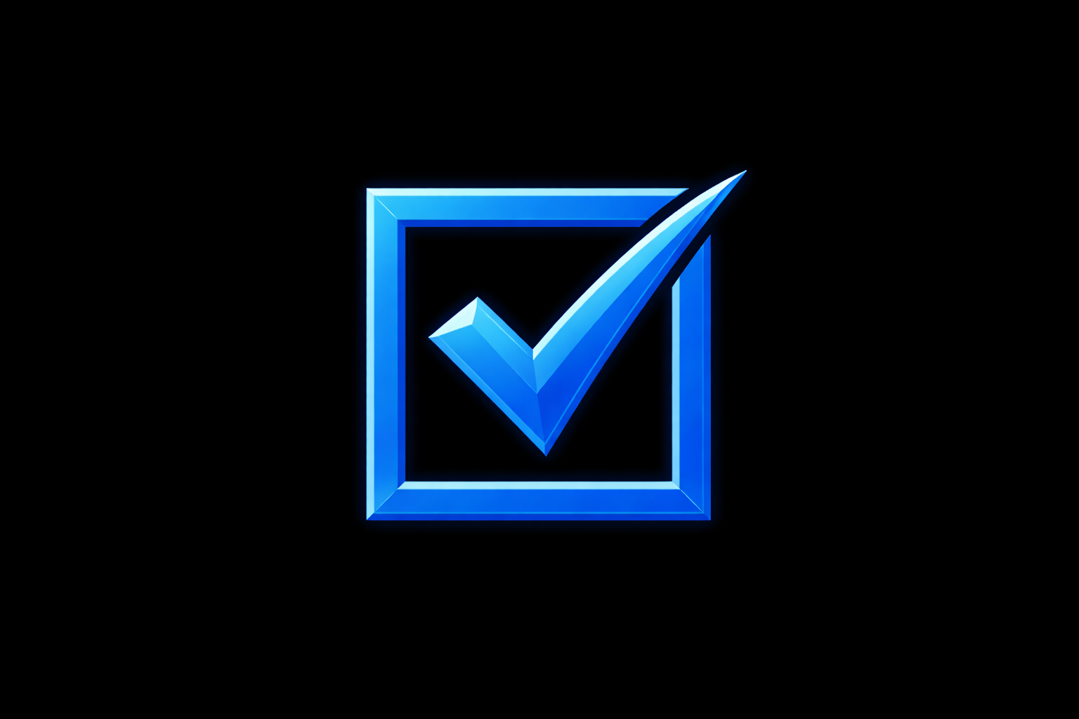 A glowing blue checkmark inside a blue 3D square on a black background.