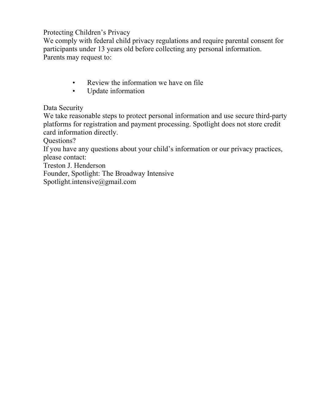Treston J. Henderson - Spotlight Broadway Intensive - Oak Rideg Tenessee - Young Actors - Dancer - Singer - Actor - Young Performers - Train for Broadway - Broadway Internships - Aspiring Performers - Tenessee Actors - Theatre Teacher - Vocal Coach