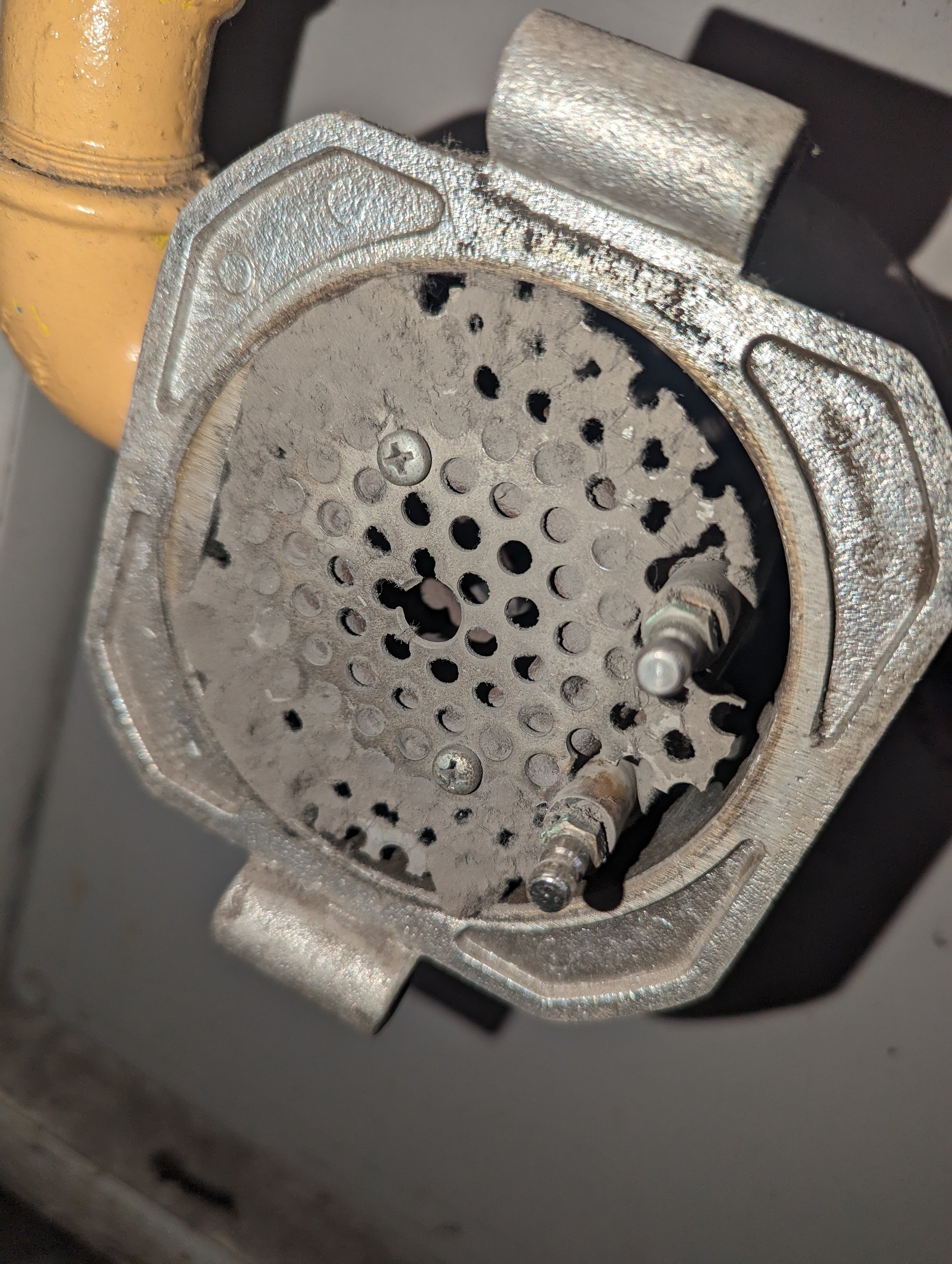 Close-up of a metallic meat grinder with a perforated grinding plate, screws, and a beige-colored handle.