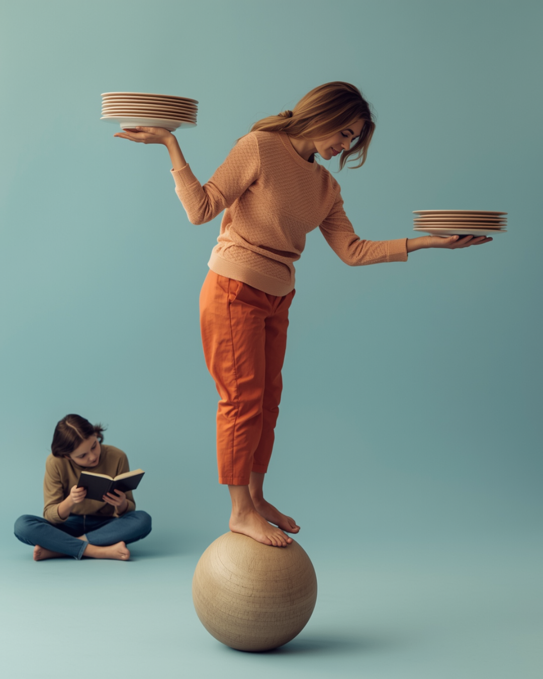 A woman balancing on a large wooden sphere holding plates in both hands, with a girl sitting on the floor reading a book in the background.