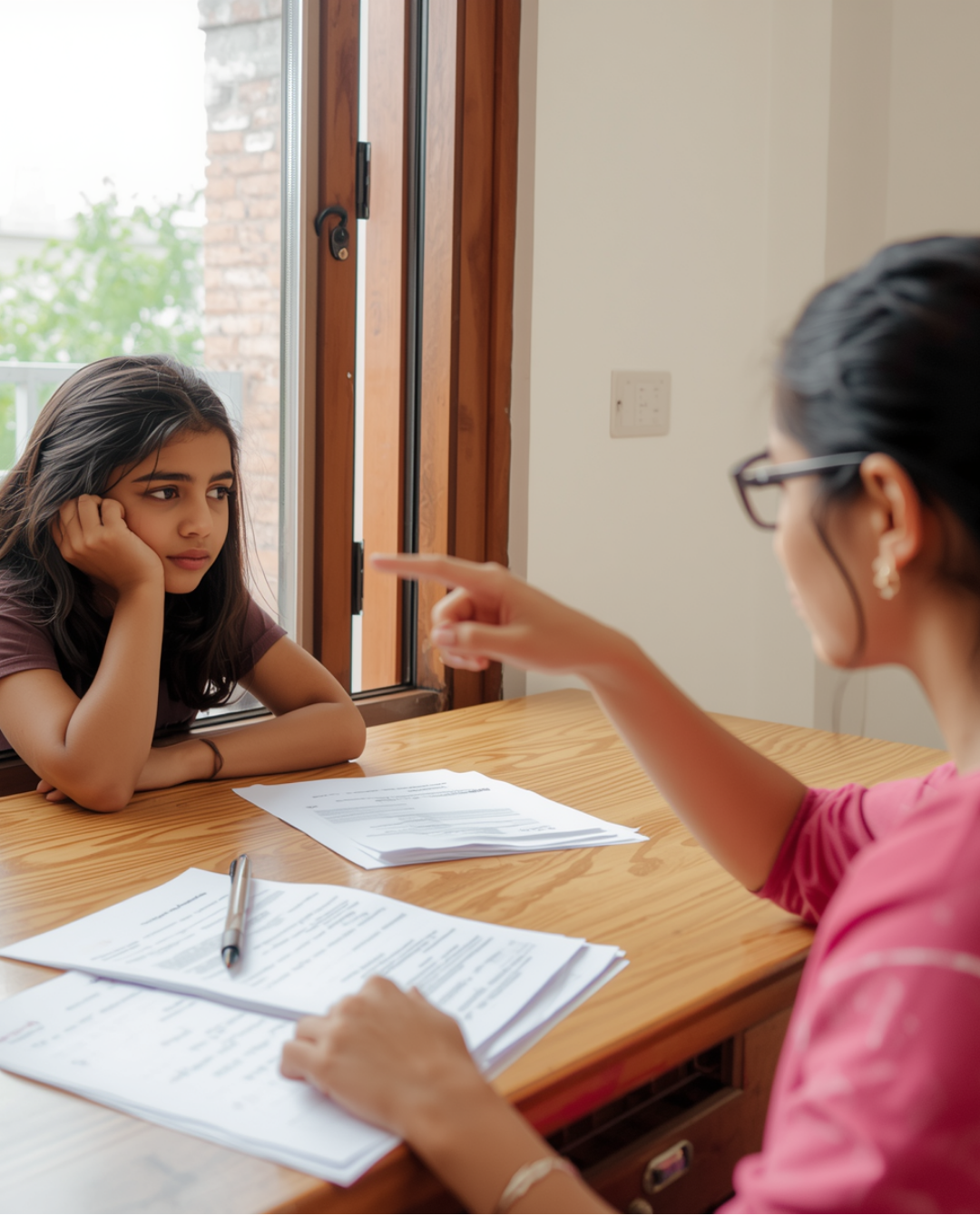 A young girl sitting at a table during a meeting or interview with a woman who is gesturing with her finger.
