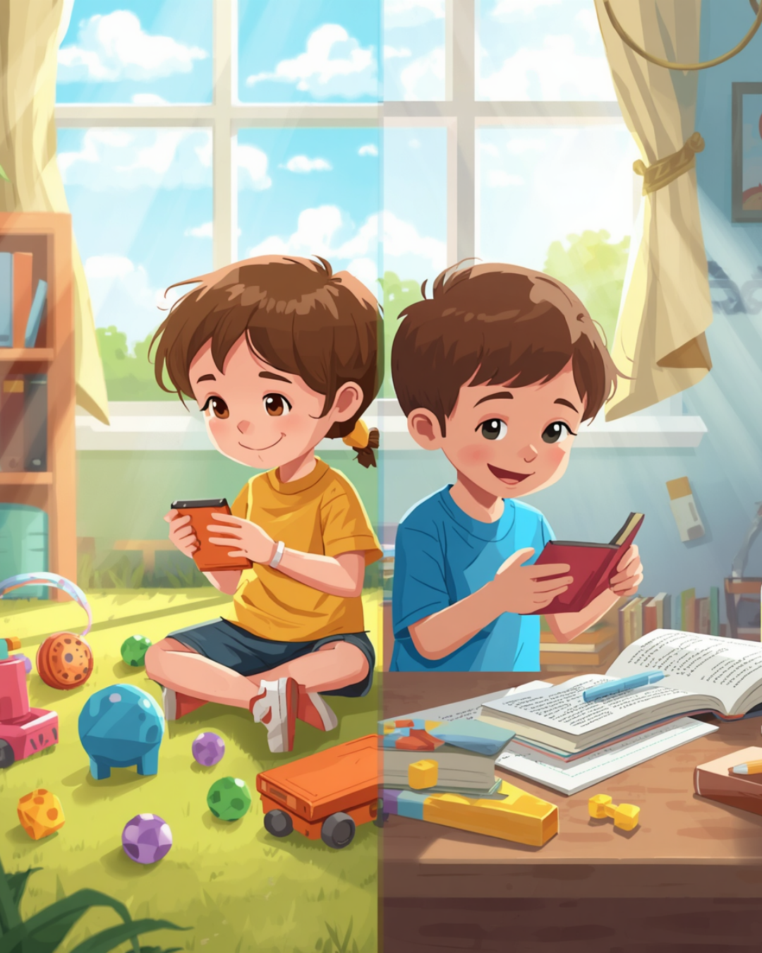 Children sitting indoors and playing with toys on the left, and studying with books on the right, split by a vertical line.