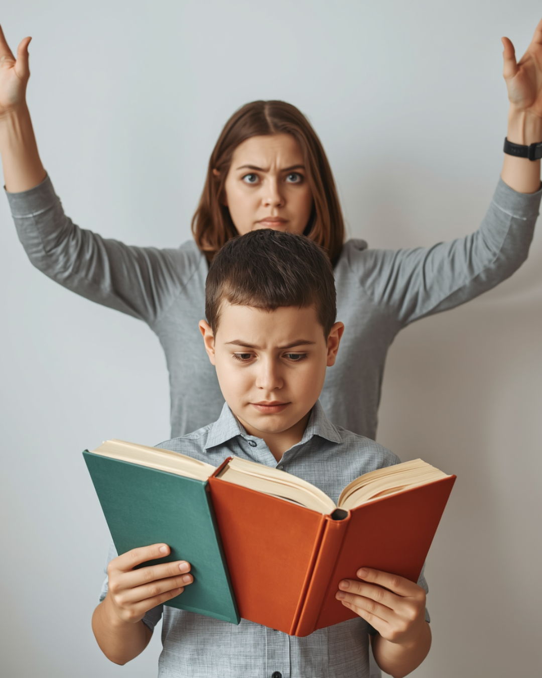 A woman in gray shirt standing behind a boy in gray shirt, both with serious expressions; the boy is reading a large book with a green and an orange cover.