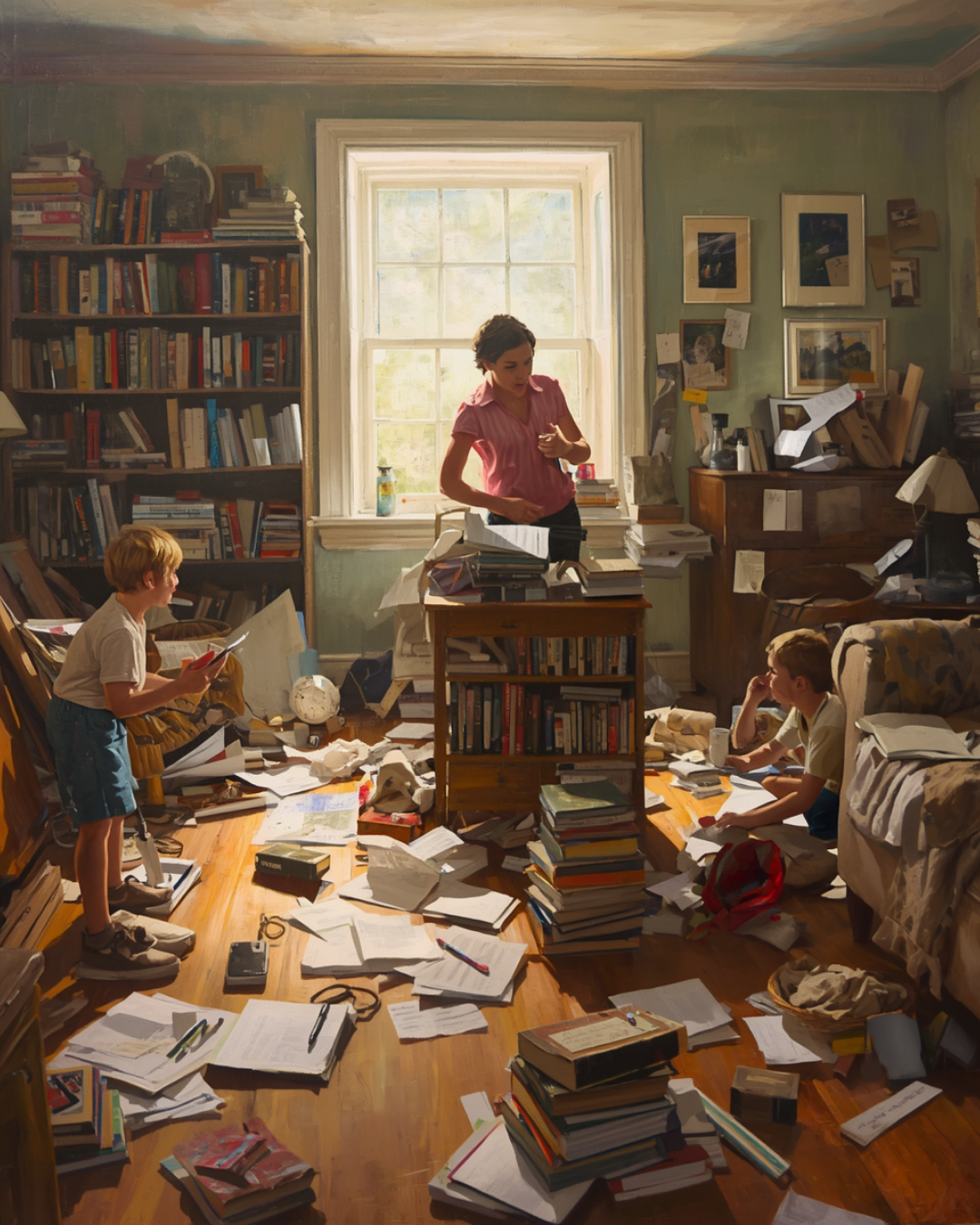 A cluttered room with a woman and two children surrounded by scattered papers and books, with a large window in the background.