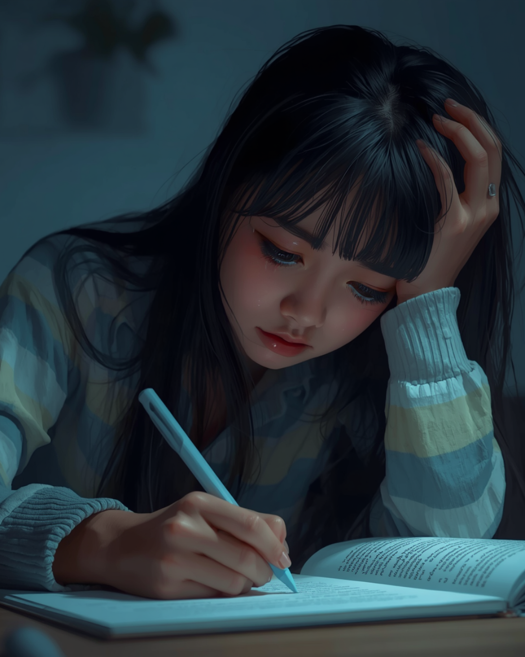 Young woman with long black hair and bangs studying at night, writing in a notebook with a pen, her hand resting on her head.