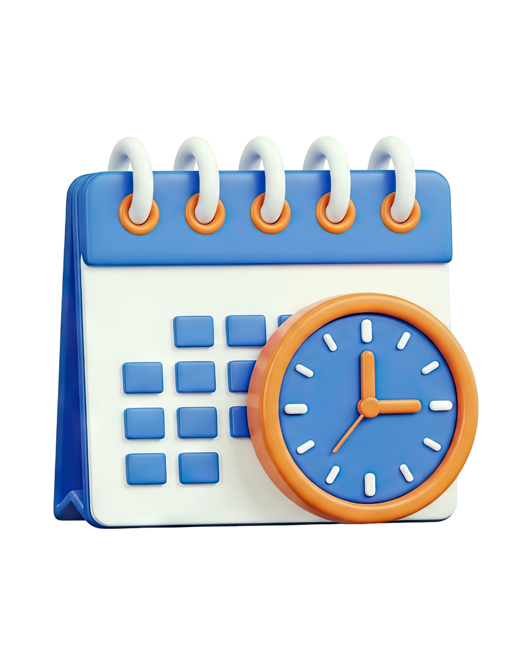 Illustration of a calendar with a clock overlapping it, featuring blue, white, and orange colors.