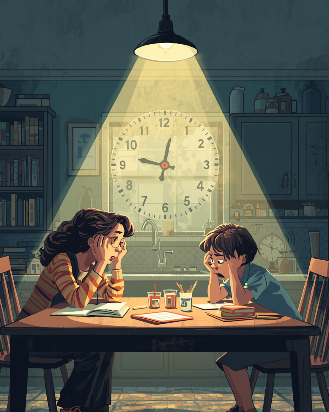 A girl and a boy sitting at a table with worried expressions, holding their heads, in a dimly lit kitchen with a large clock showing nearly 12:00 behind them.