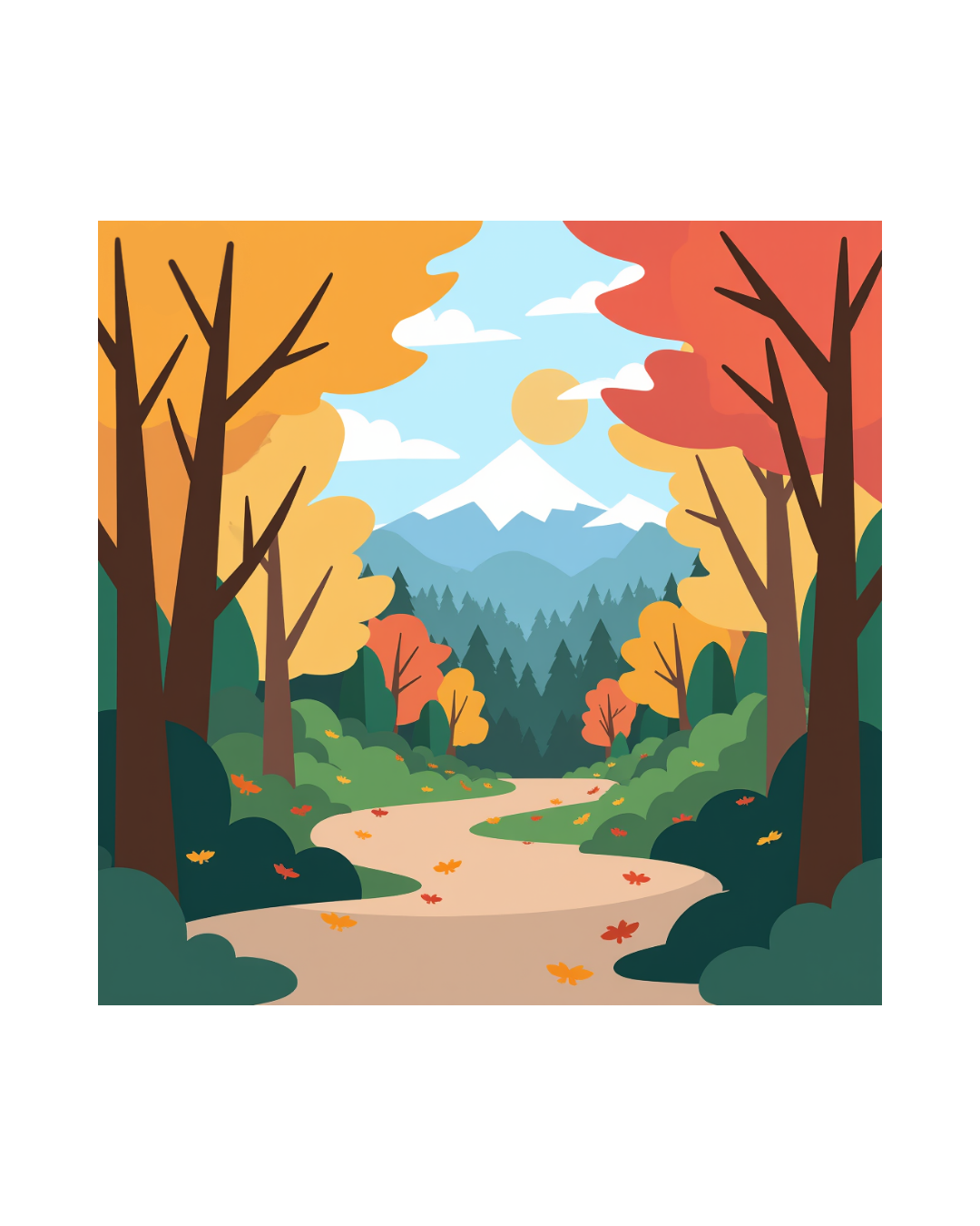 Illustration of a mountain landscape with trees in autumn, a winding dirt path, snow-capped peaks in the distance, and a partly cloudy sky with the sun.