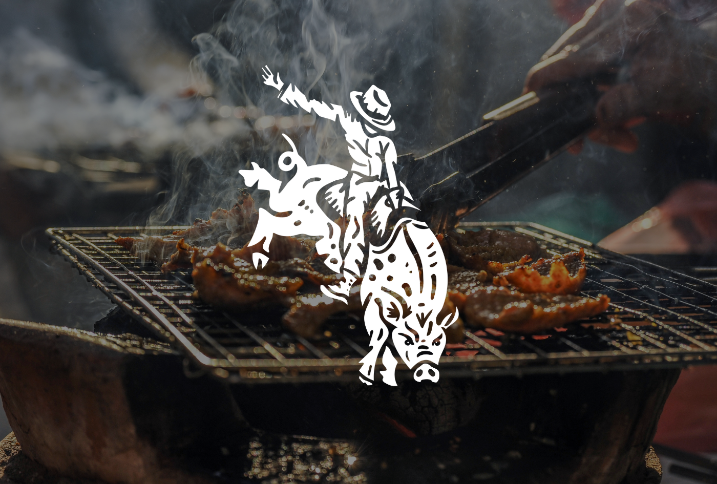 Barbecuing meat on a grill with smoke, with an overlaid logo of a cowboy riding a pig.