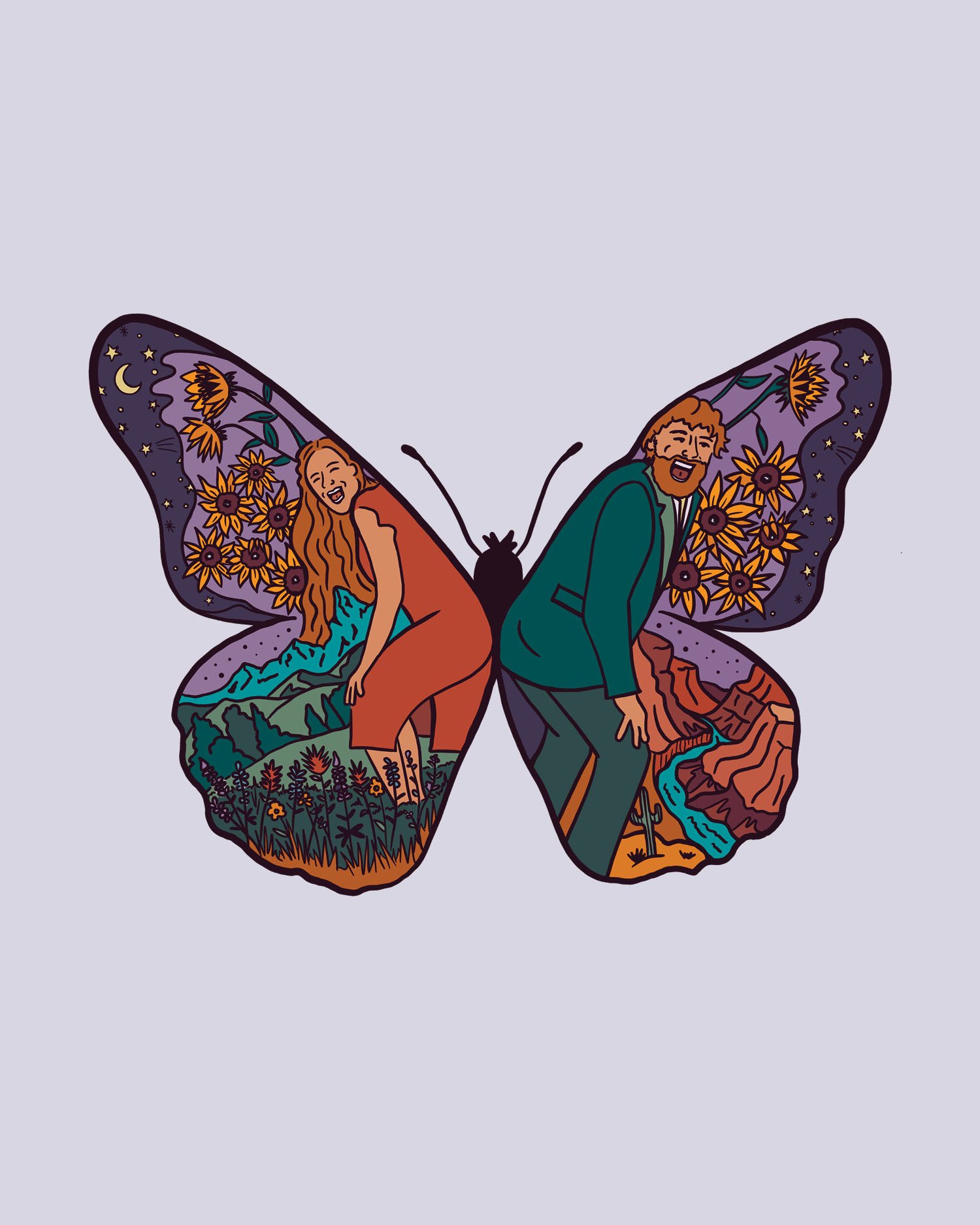 Colorful illustration of a butterfly with two human figures, a woman with long hair and a man with a beard, in nature scenes on each wing, set against a plain background.
