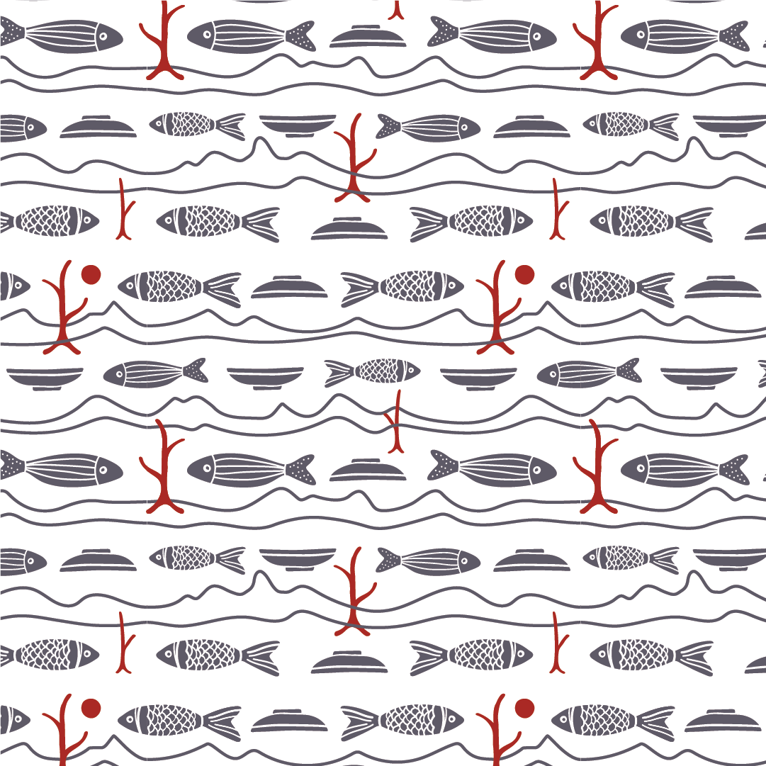 A pattern featuring stylized fish, rocks, red coral, and red dots, arranged in horizontal rows with wavy lines depicting water.