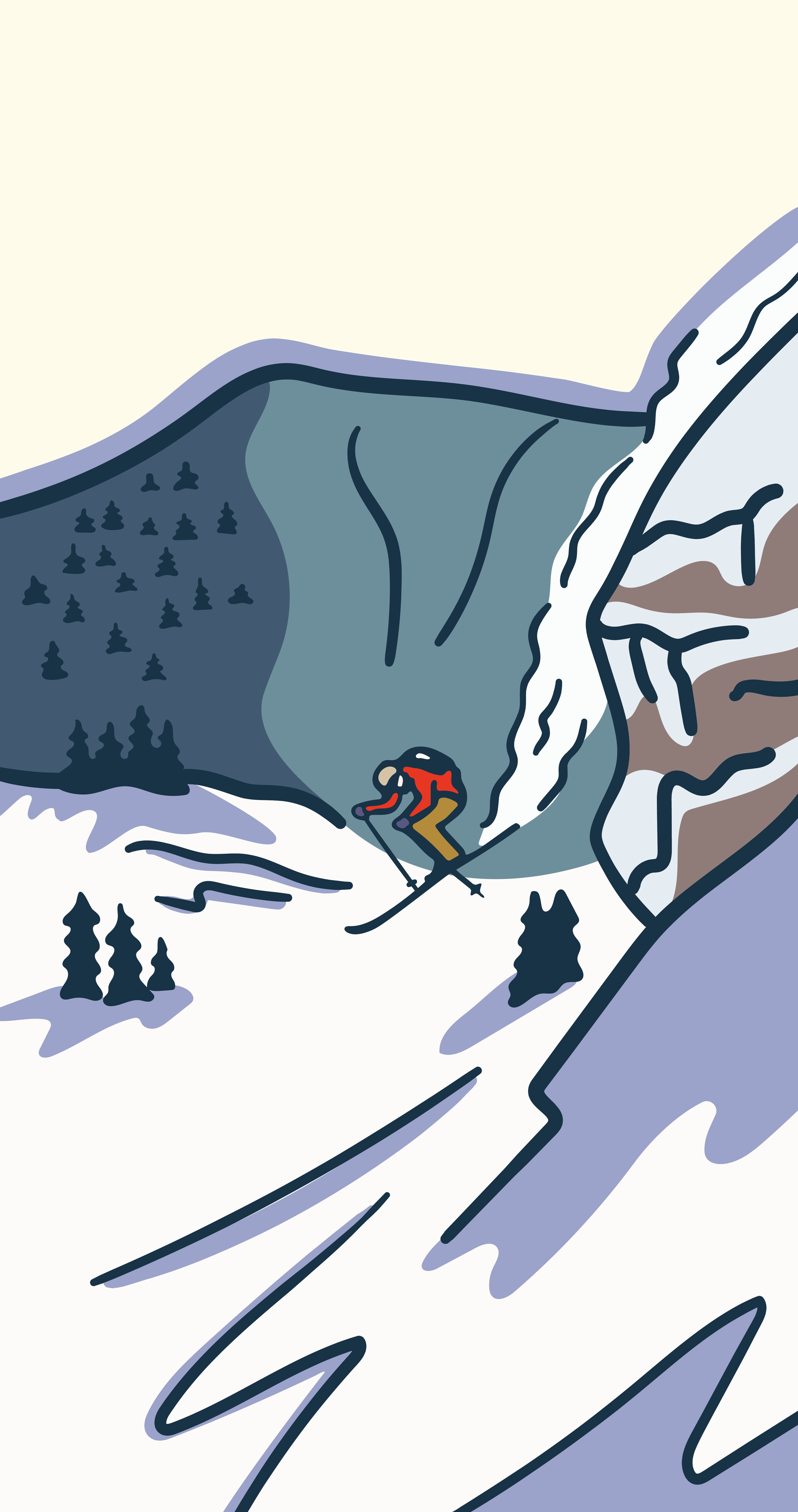 Illustration of skier airing over a cliff in the Jackson Hole sidecountry, art by Kia Tolan.