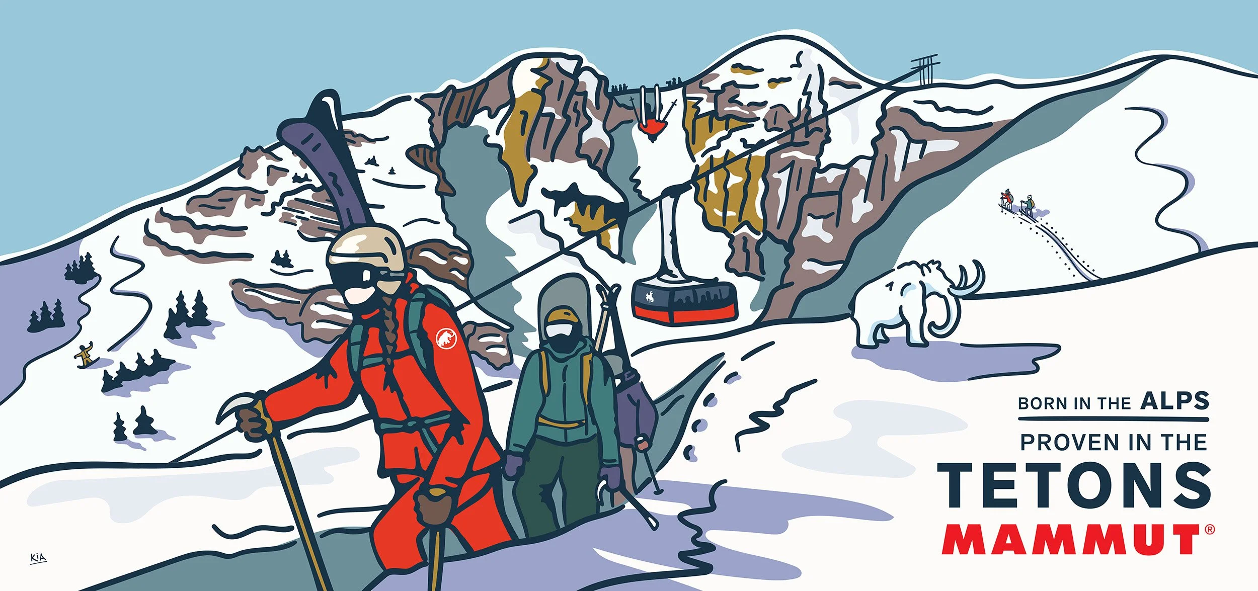 Illustration of a snowy Alpine mountain landscape with two skiers, a mammoth, a ski lift, a tunnel in the mountain, and a person climbing snow. Text reads: 'Born in the Alps, Proven in the Tetons, Mammut'.
