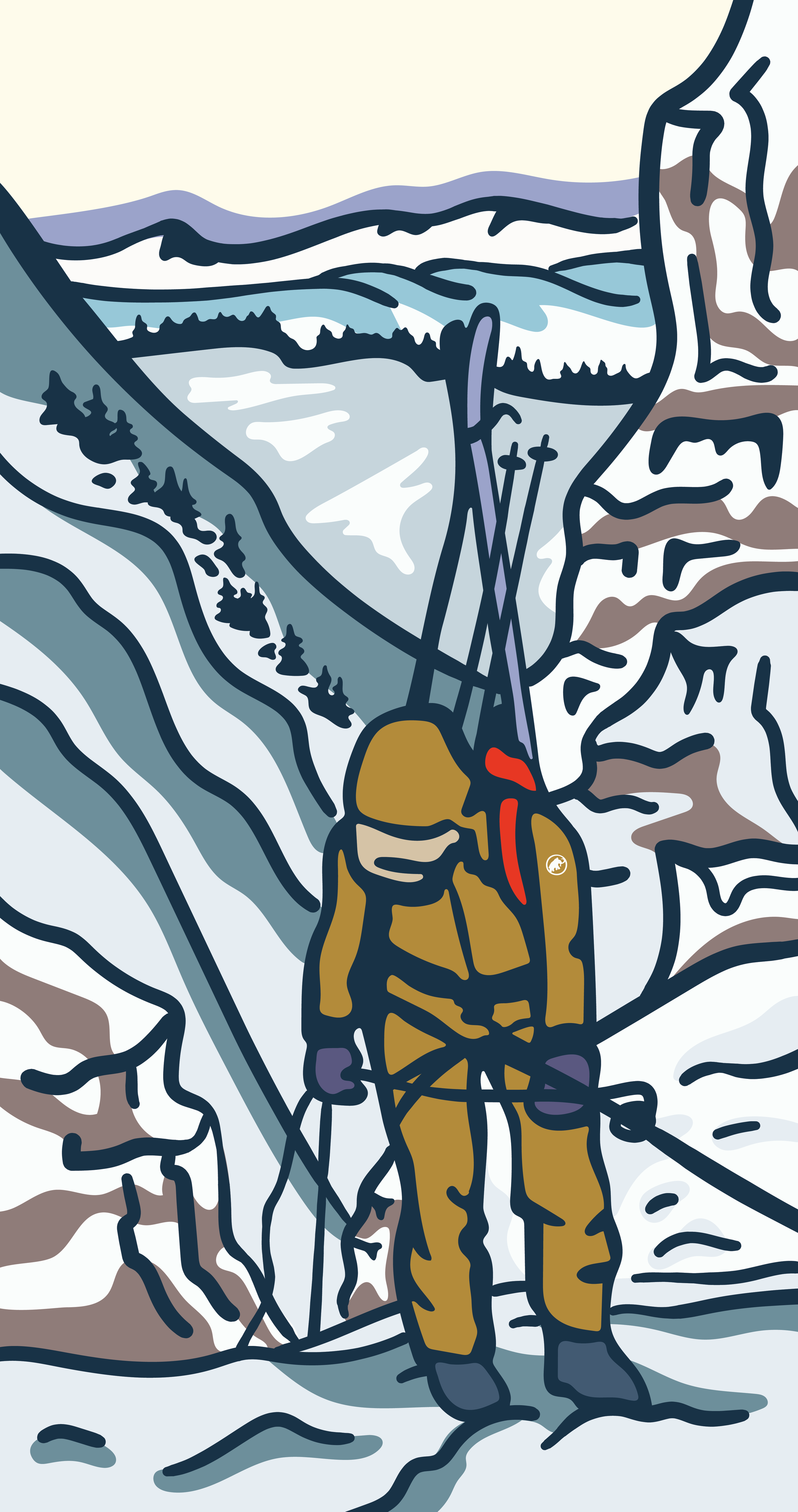 Illustration depicting skier rappelling into Apocalypse Couloir, Grand Teton National Park, art by Kia Tolan
