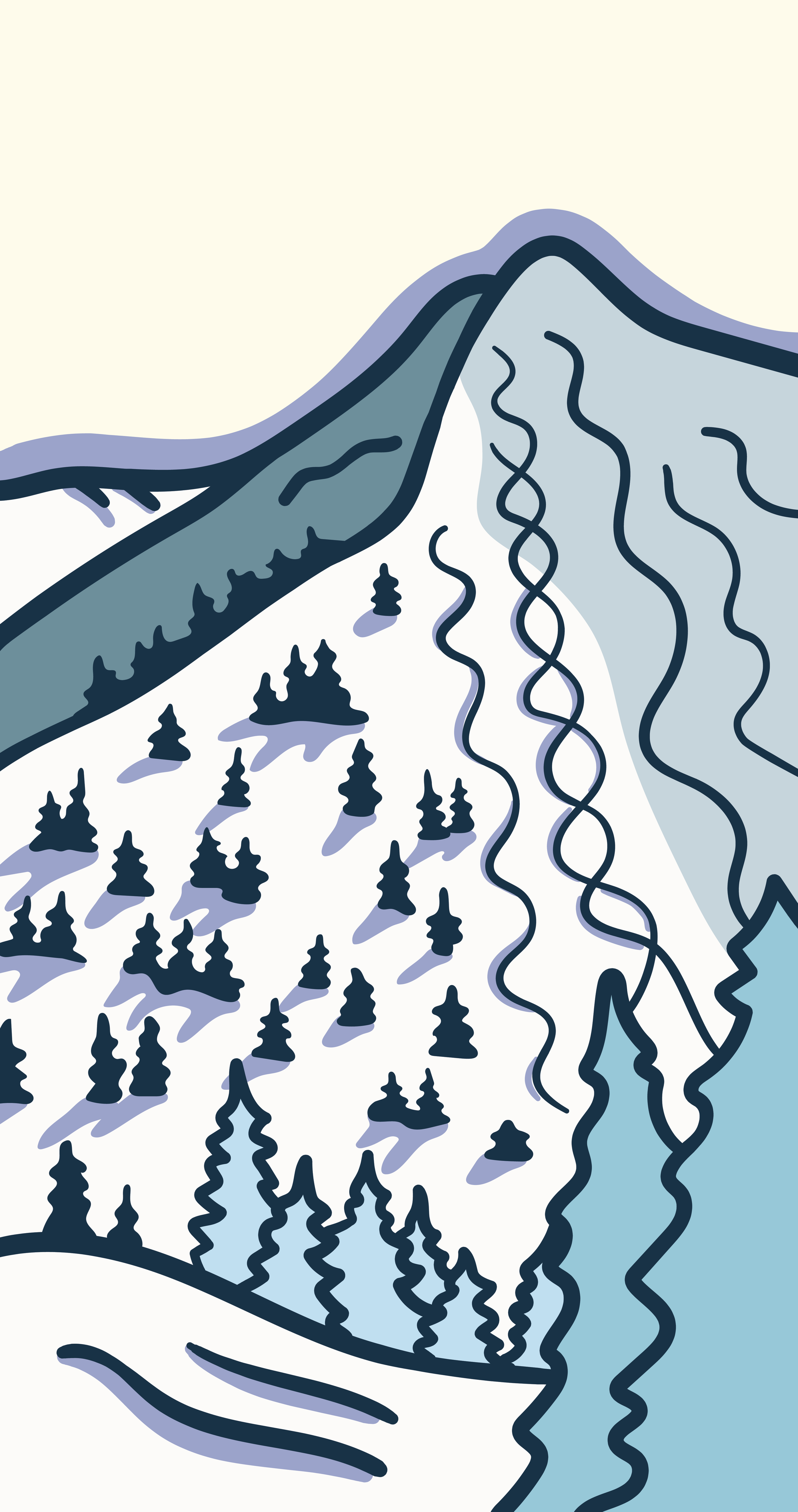 Illustration of backcountry ski terrain in Grand Teton National Park, art by Kia Tolan.