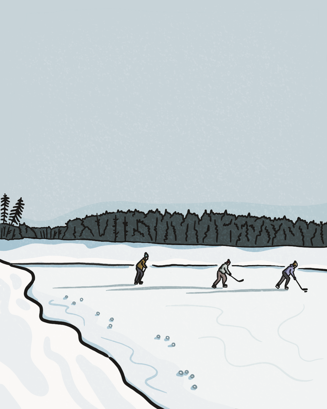 An illustration of four people playing hockey on a frozen lake in winter, with pine trees and a forest in the background under a pale sky.
