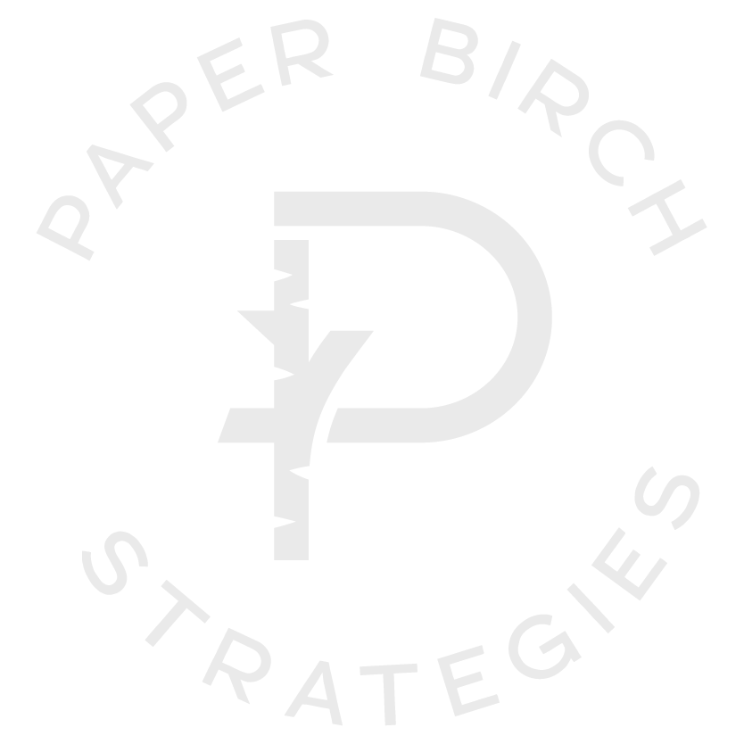 Logo with a large stylized letter "P" and a paper plane icon inside it, surrounded by the text "Paper Birch Strategies" in a circular arrangement.