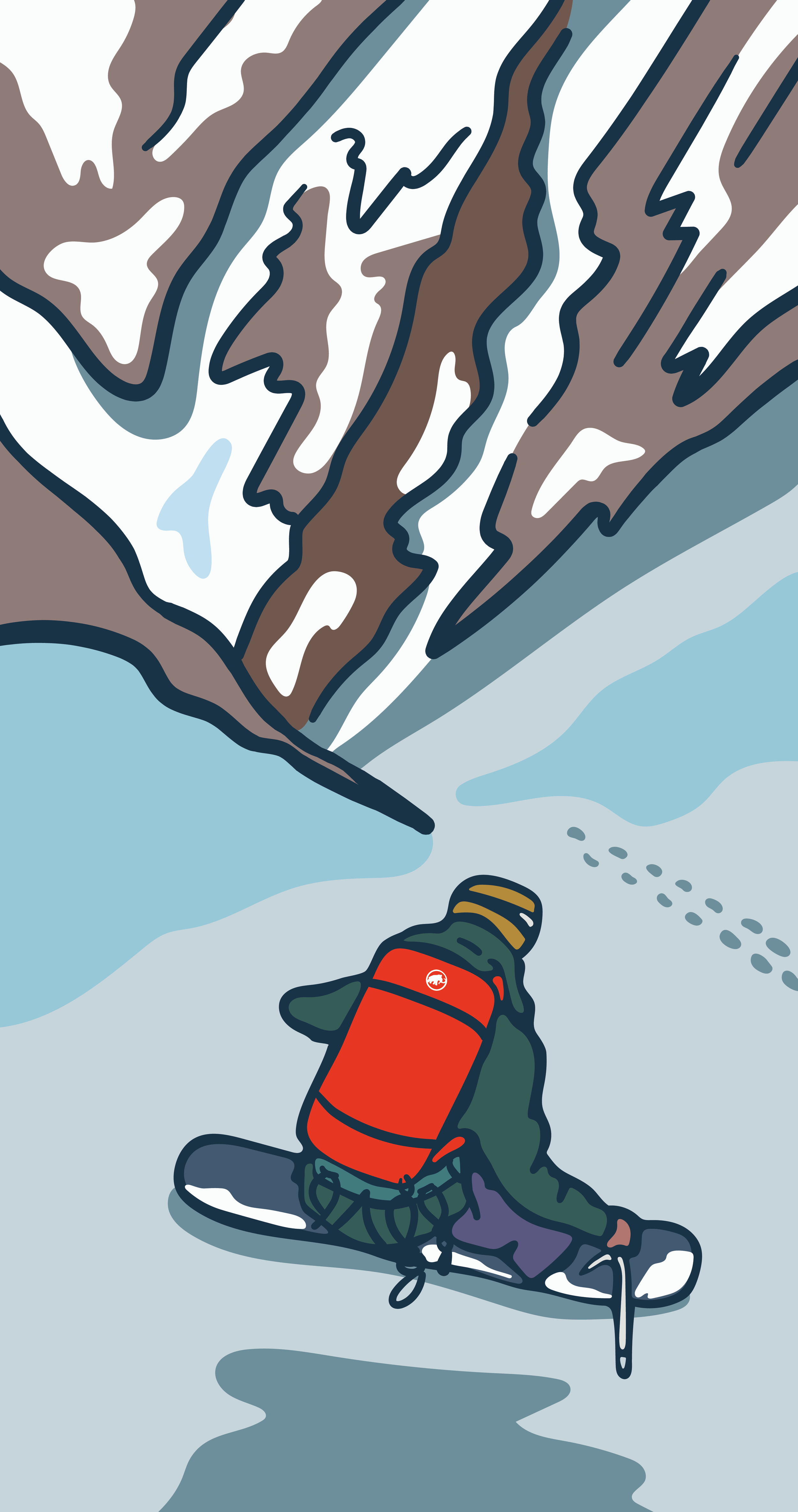 Snowboarder descending into a backcountry ski line, art by Kia Tolan.