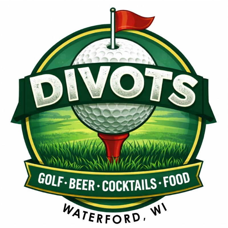 Logo for Divots Golf, Beer, Cocktails, Food in Waterford, WI, featuring a golf ball on a tee with a red flag and greenery background.