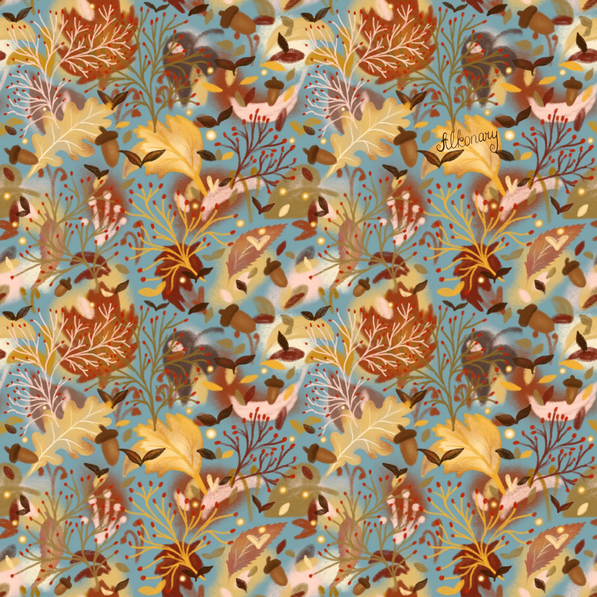 Autumn Leaves Pattern Blue Background