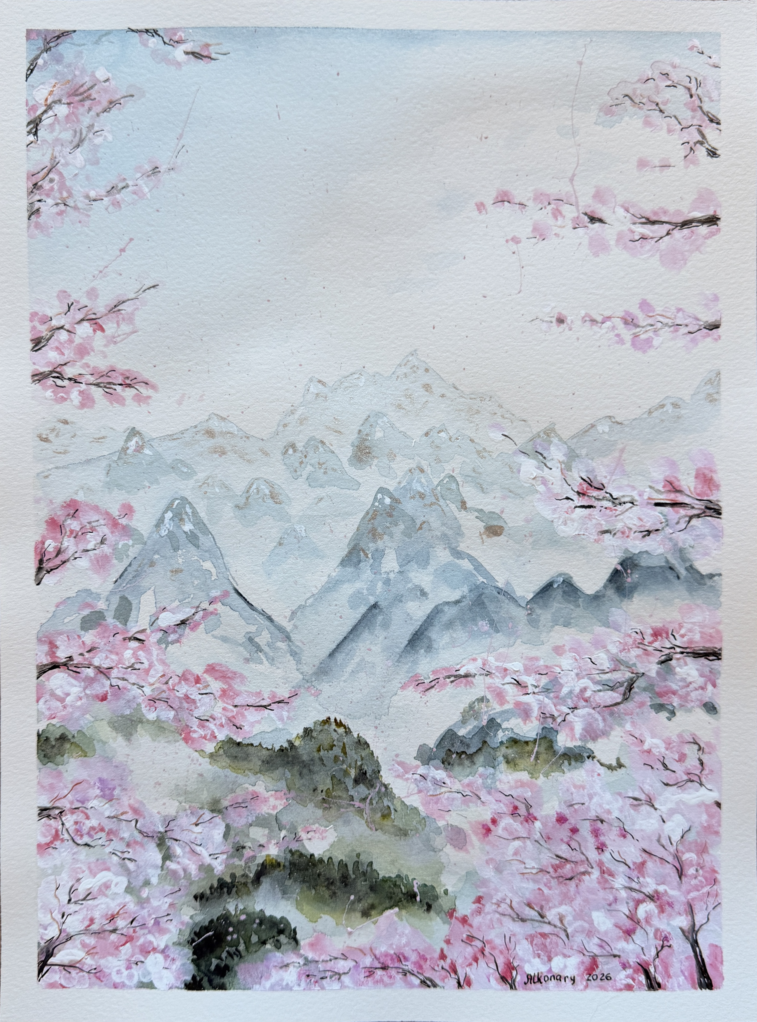Mountains: Cherry Branches (9x12 in)