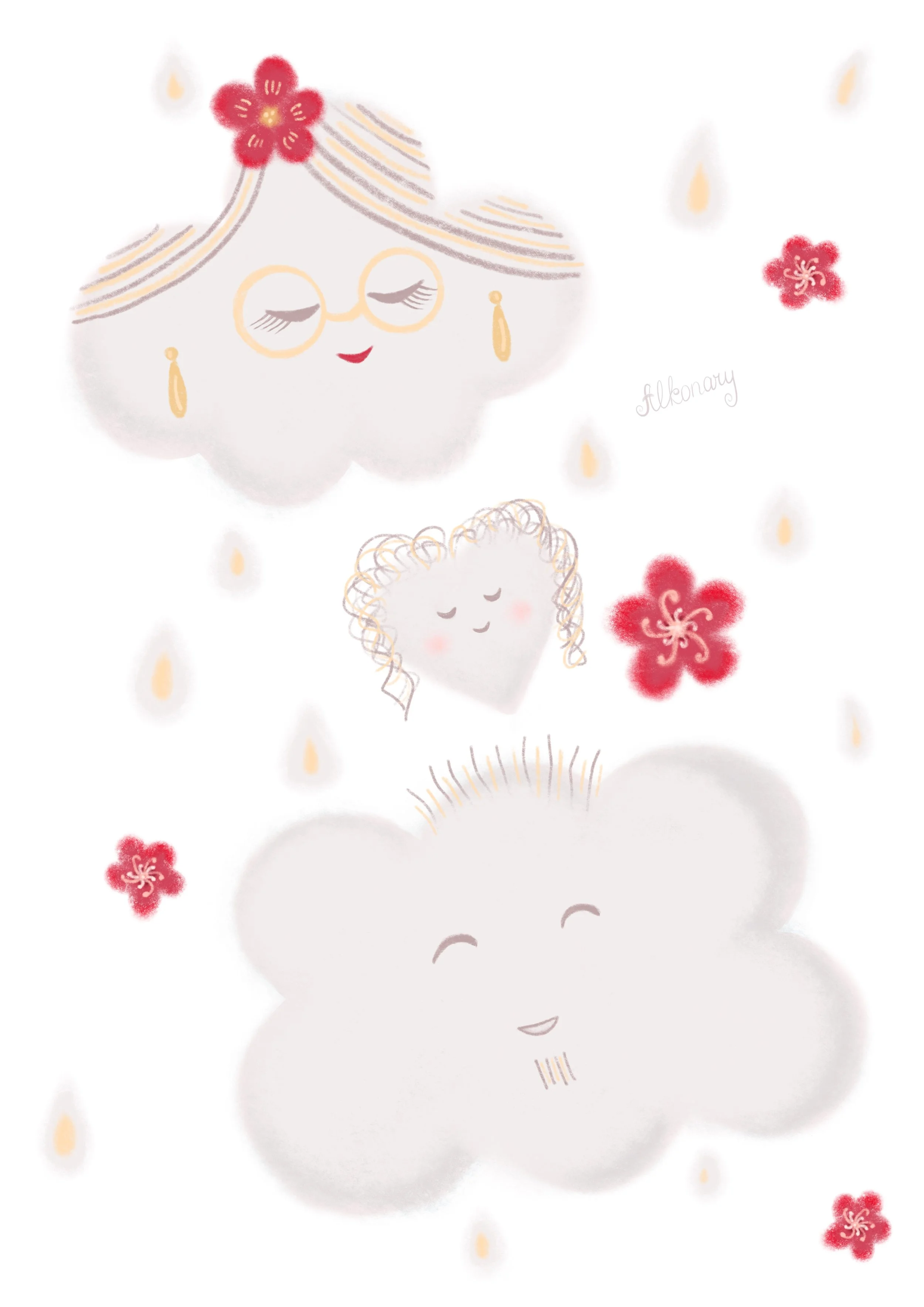 Whimsical cloud family nursery wall art printable illustration for baby room decor