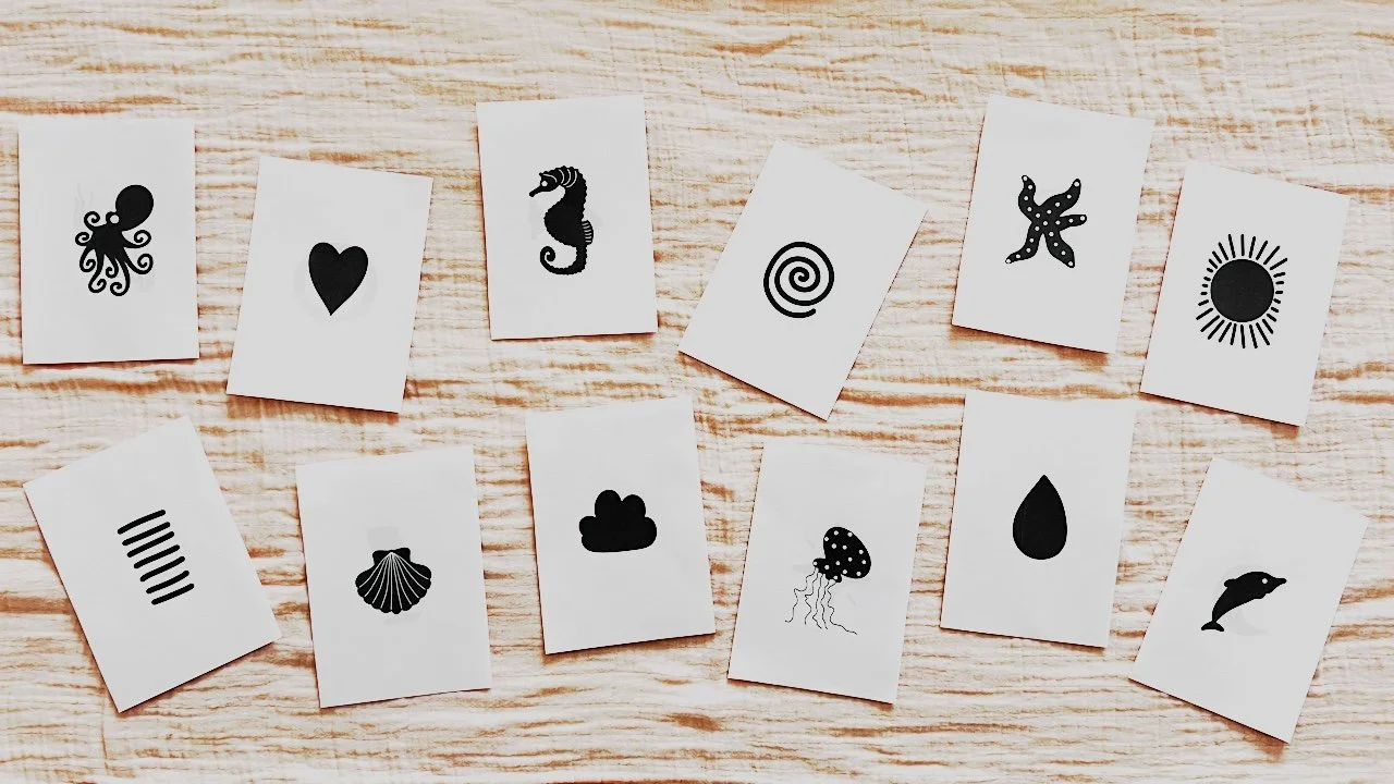 Black & White High-Contrast Cards for Newborns – Ocean & Simple Shapes (20 A6 Prints)